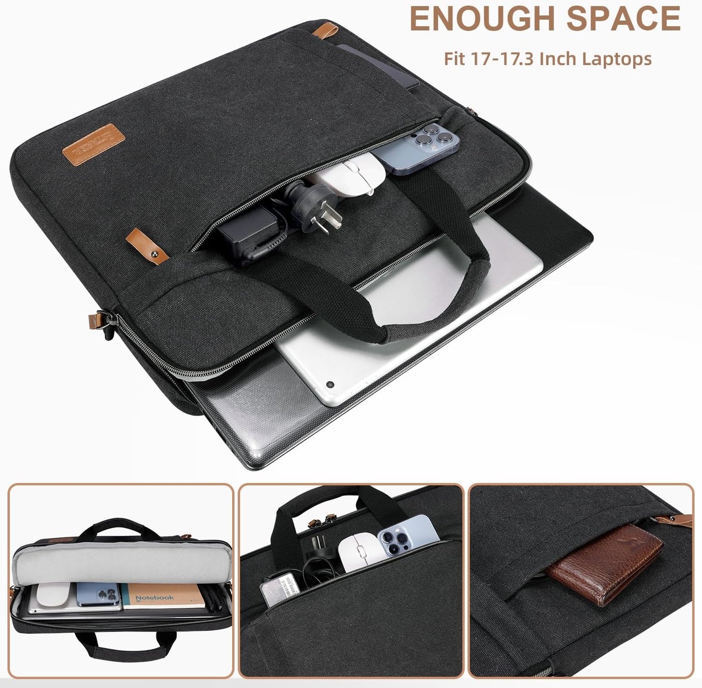 ESTARER Laptop Bag 17-17.3 Inch, Computer Bags for Men Water-resistant Canvas Laptop Case Slim Laptop Sleeve Fits Hp/Dell/Asus/Lenovo/Acer, Dark Grey