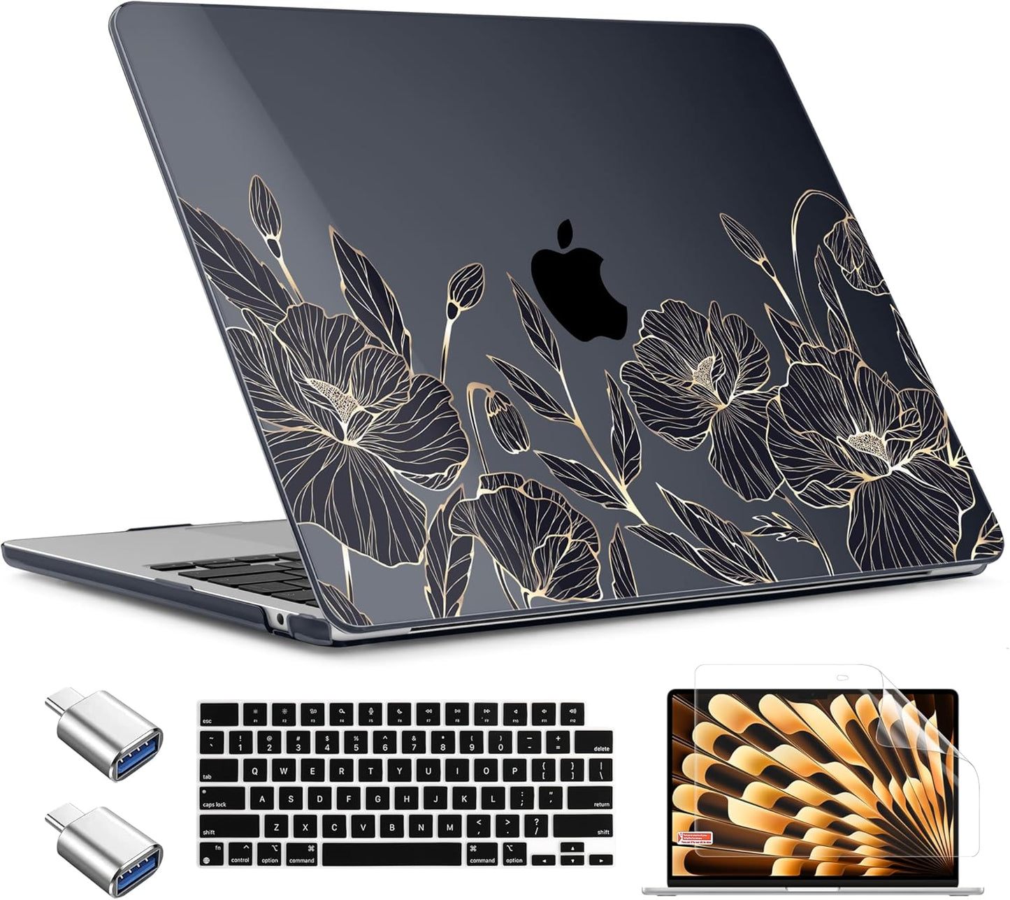 TWOLSKOO Compatible with M4 MacBook Air 13.6 inch Case 2025-2022 Release M4 A3240 M3 A3113 M2 A2681, Plastic Hard Shell & Keyboard Cover & Type C Adapter & Screen Protector, Abstract Floral