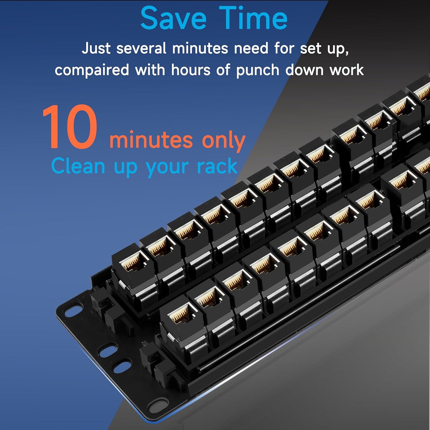 48 Port RJ45 Cat6 Patch Panel, 19 Inch, Black, Easy Install & Repair, Gold Plated Keystone, Rack Mountable