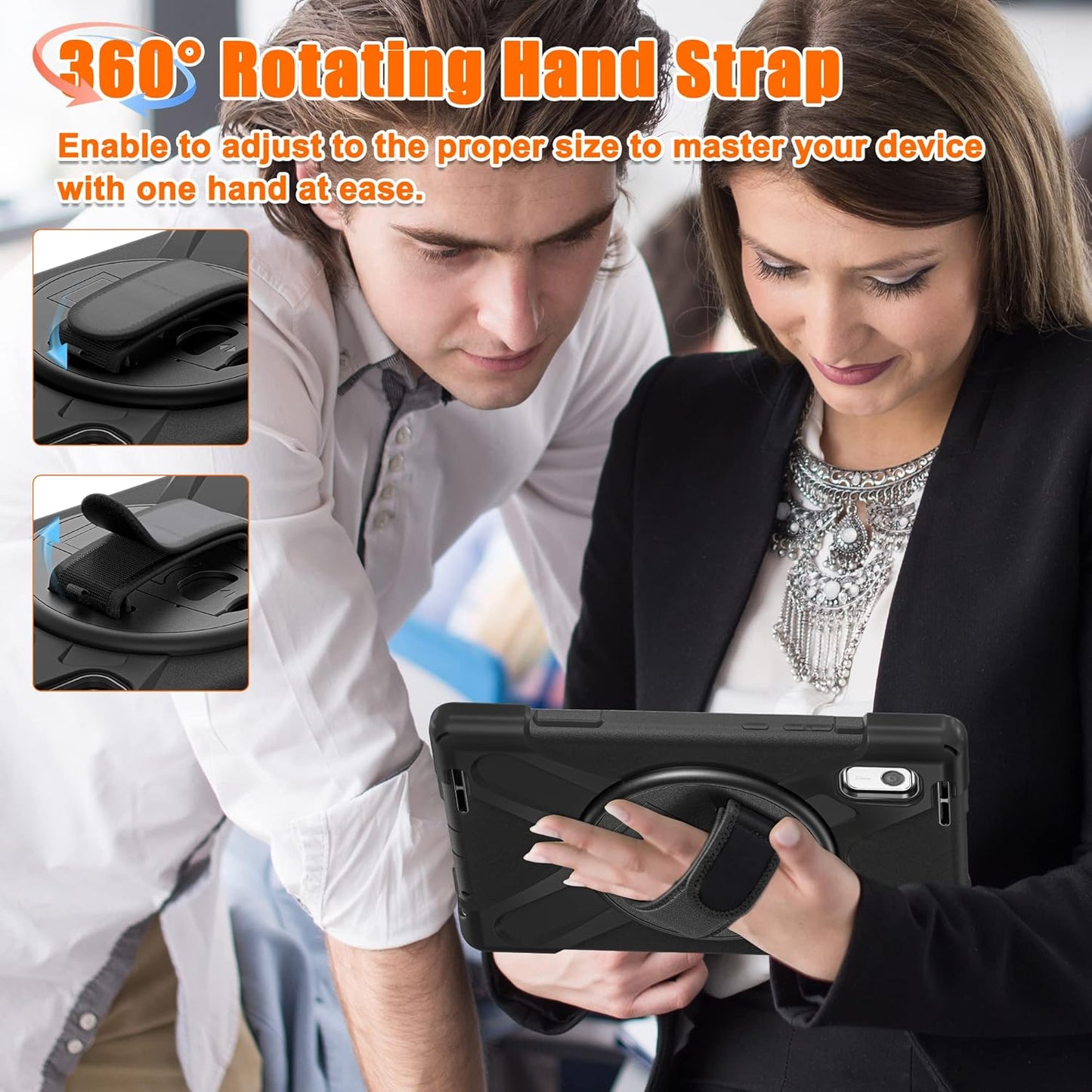 Junfire Shockproof Case for Lenovo Tab M9 2023 with Built-in Screen Protector, Heavy Duty Rugged Case with 360°Rotatable Kickstand/Hand Strap/Stylus Holder for TB-310FU/TB-310FX, Black