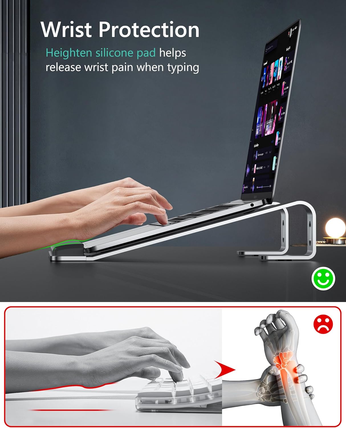 Aluminum Laptop Stand, Notebook Stand with Wrist Rest, Ergonomic Detachable Laptop Mount, Computer Stand Compatible with 10-17'' All Laptops Such as MacBook Air Pro/HP/Dell/Lenovo, Silver