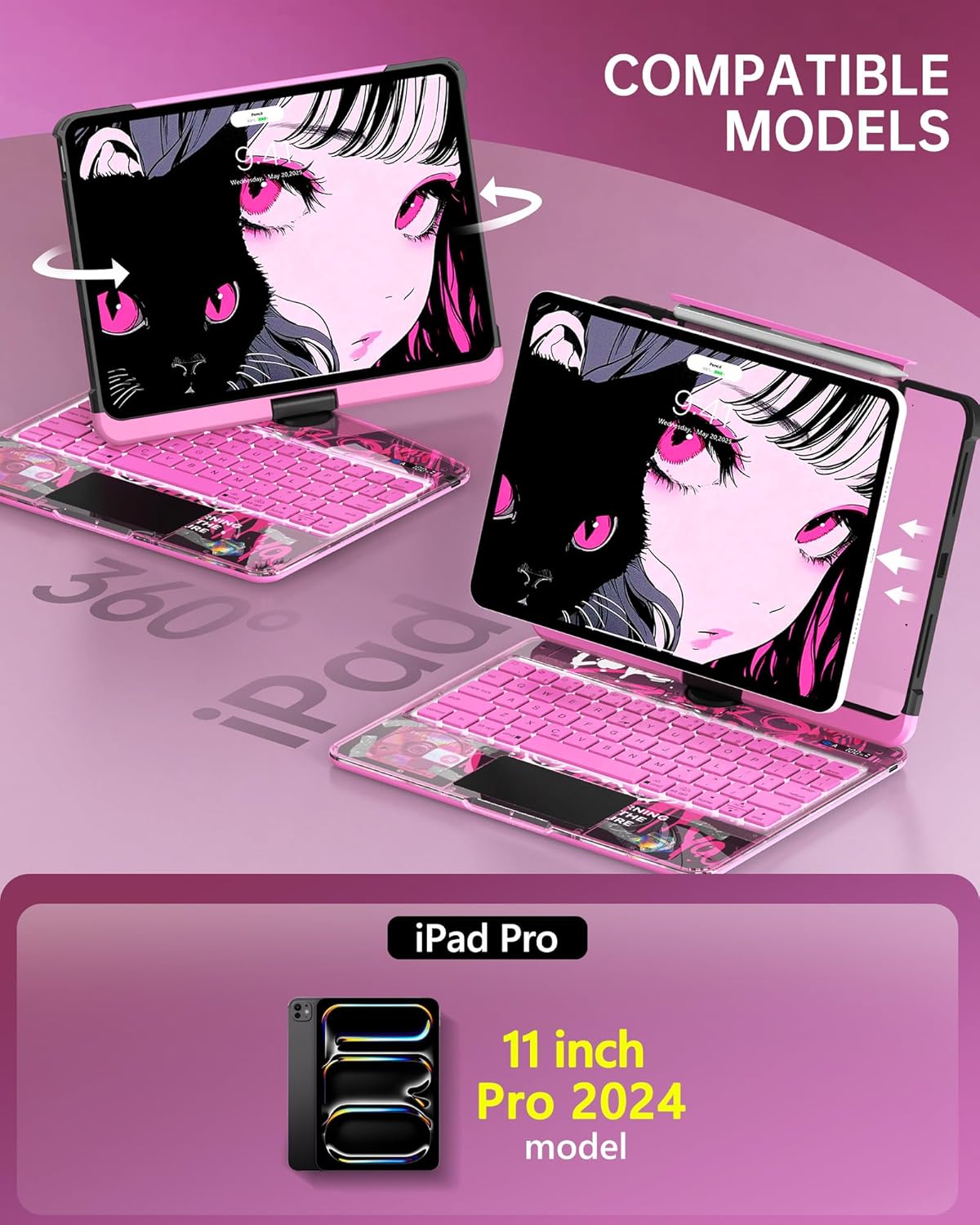 Intermerge iPad Pro 11-inch (M4, 2024) Transparent Keyboard Case, 360° Rotating Multi-Touch Trackpad, 7-Color Backlit Keyboard, Pencil Holder, Type-C Charging, Blush Pulse