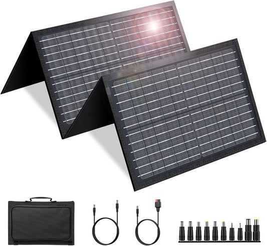 60W Solar Panel for Portable Power Station, Foldable Solar Panel with 12-18V DC Output/USB QC3.0/USB C(10 Changeable DC Adapters), Portable Solar Panels for Camping, Home, Travel, Rv