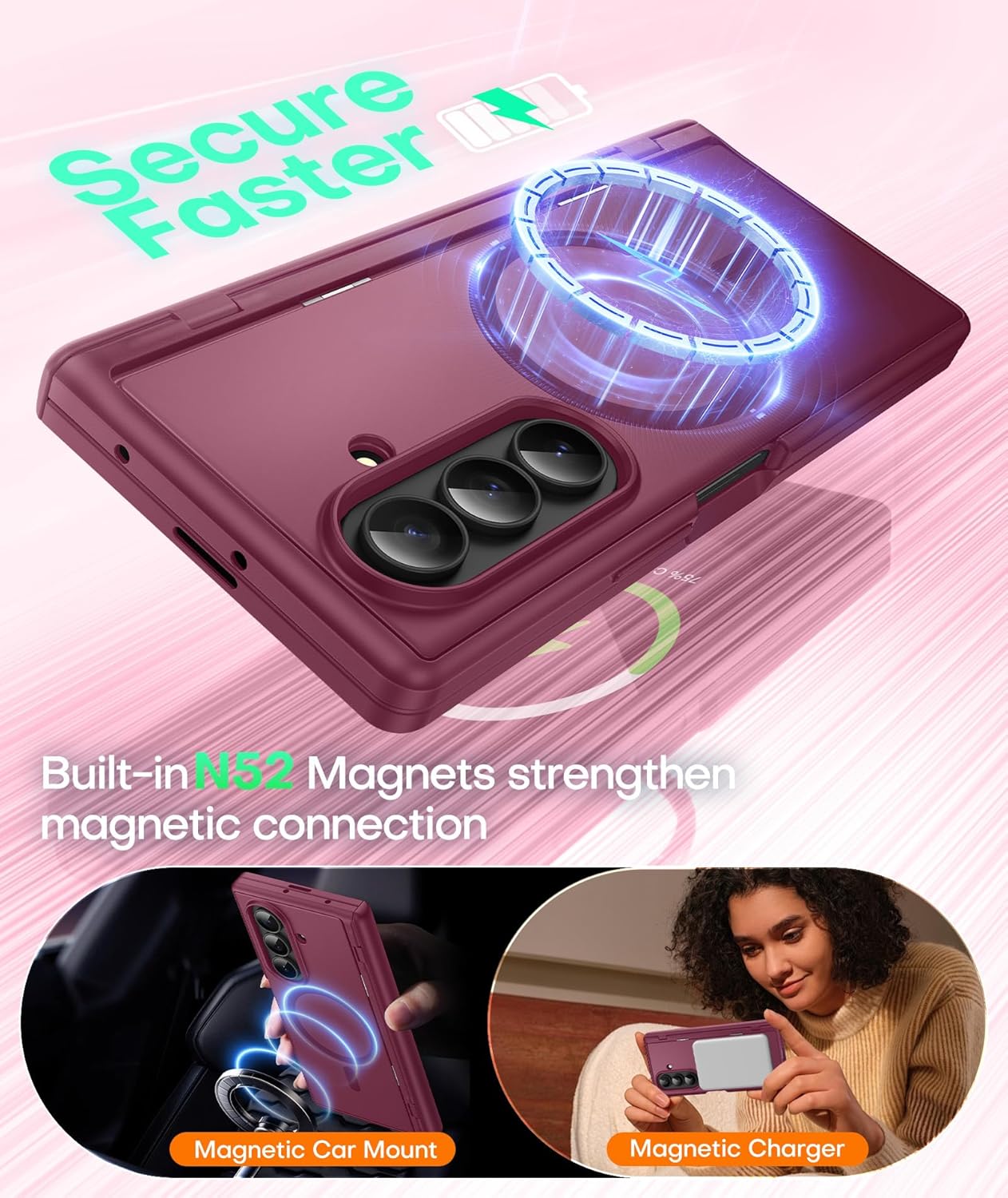 BERFY Magnetic for Samsung Galaxy Z Fold 7 Case with Privacy Screen Protector, [Compatible with MagSafe][Anti Spy] Built-in Hidden Kickstand, Full-Body Shockproof Slim Phone Case for Z Fold 7, Red