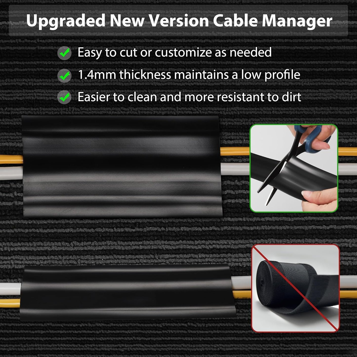 8.2Ft Cord Cover Floor, PVC Cord Covers for Wires on Floor, Soft Floor Cable Cover Cord Hider, Floor Cable Management Cable Protector for Commercial Office Carpet/Floors/Wall Black