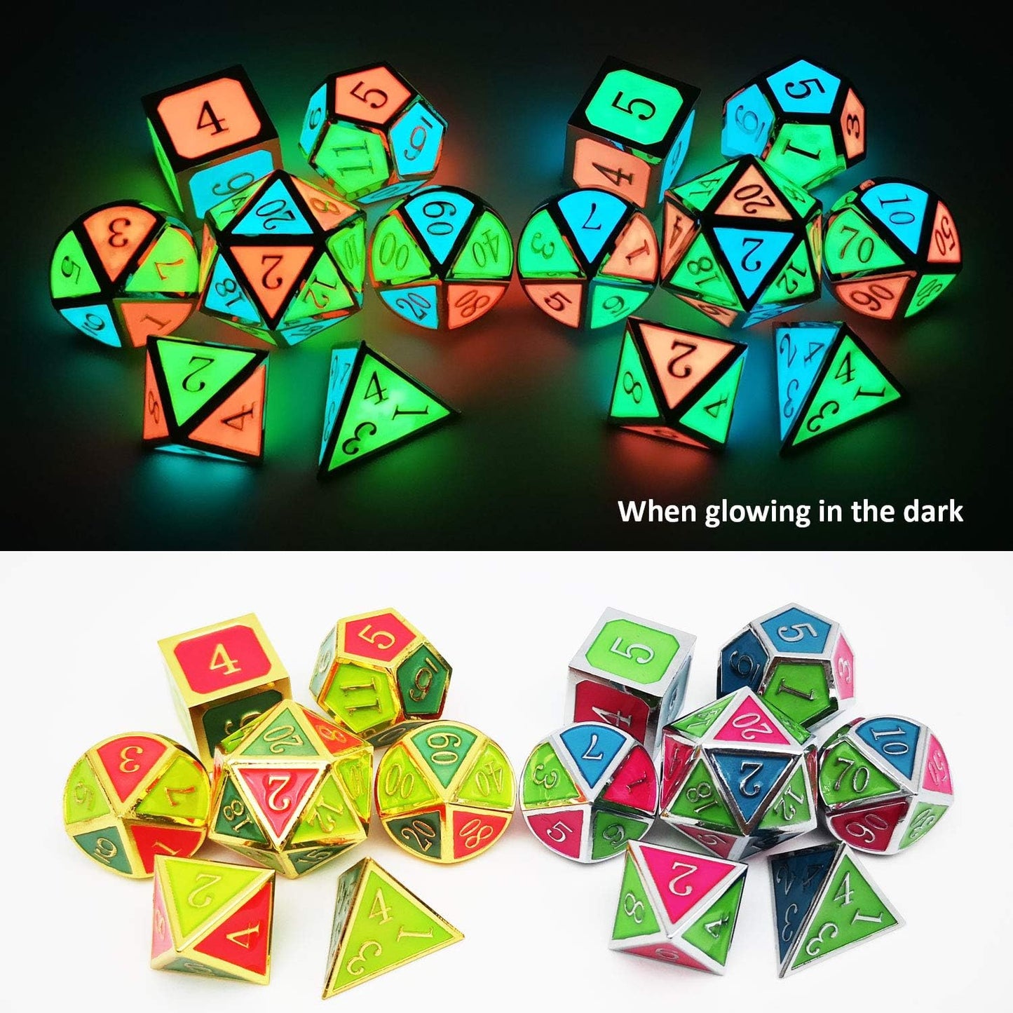 Haxtec Glow in The Dark Glowing Blue Red Green Silver Metal Dice Set D&D 7PCS DND Dice Set Compatible with Dungeons and Dragons RPG Games-Silver Glowing Blue Green Red
