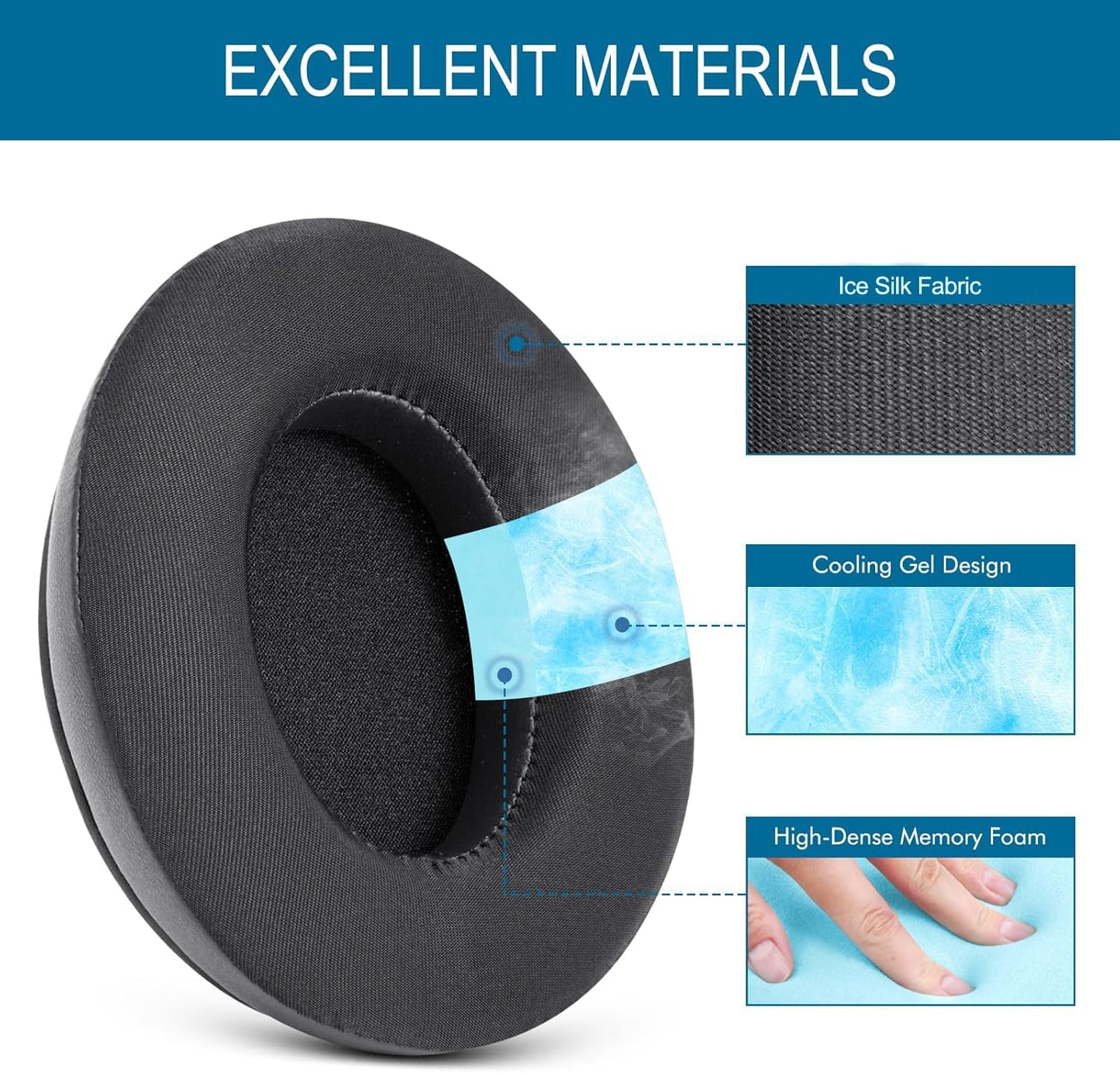 GVOEARS Cooling Gel Replacement Ear Pads for HyperX Cloud 1/2/3/Pro/Core/Alpha/Alpha S/Alpha Pro/Flight/Flight S/Stinger/Stinger S, CloudX Stinger Headset and More, Breathable Ice Silk Fabric - Black