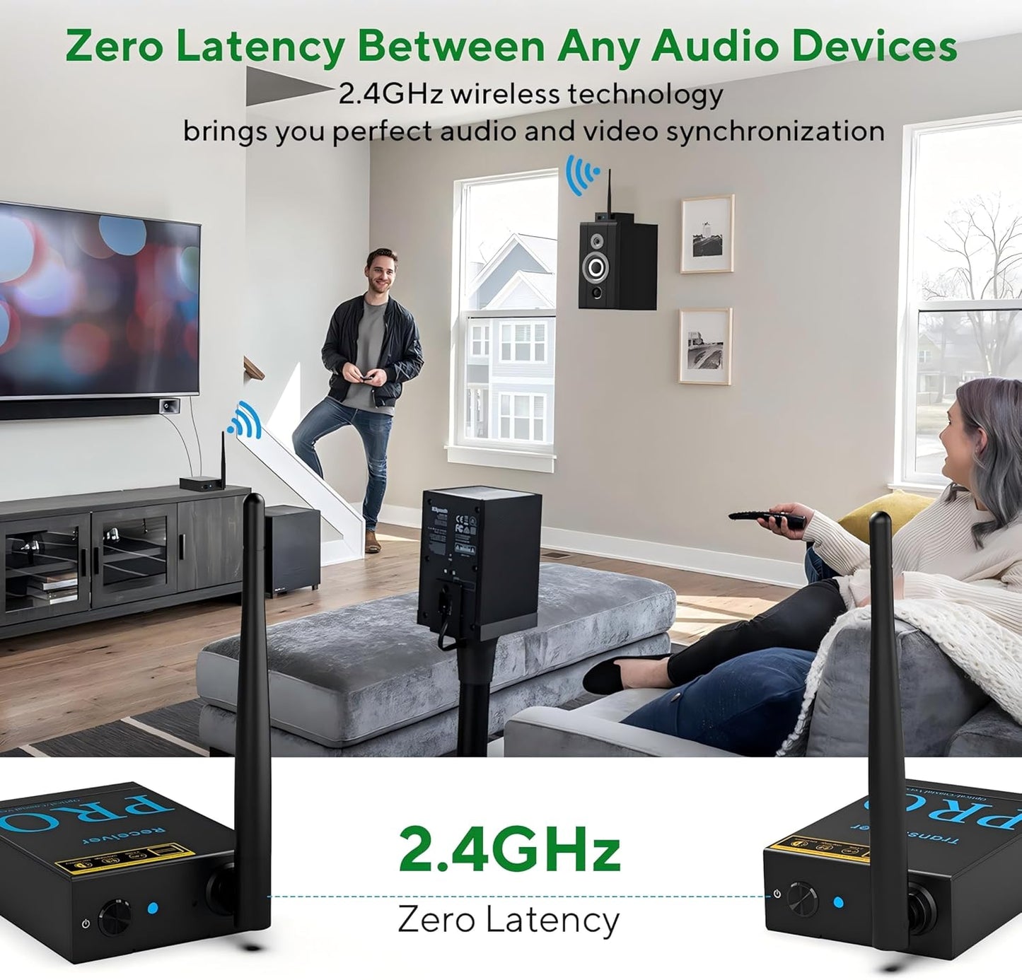 1Mii 2.4GHz Wireless Audio Transmitter and Receiver, HiFi Audio, 20ms Low Latency, 320ft Long Range Wireless Subwoofer Kit for Speaker/Stereo/Soundbar,Optical/Coaxial/3.5mm(RCA) Ports.