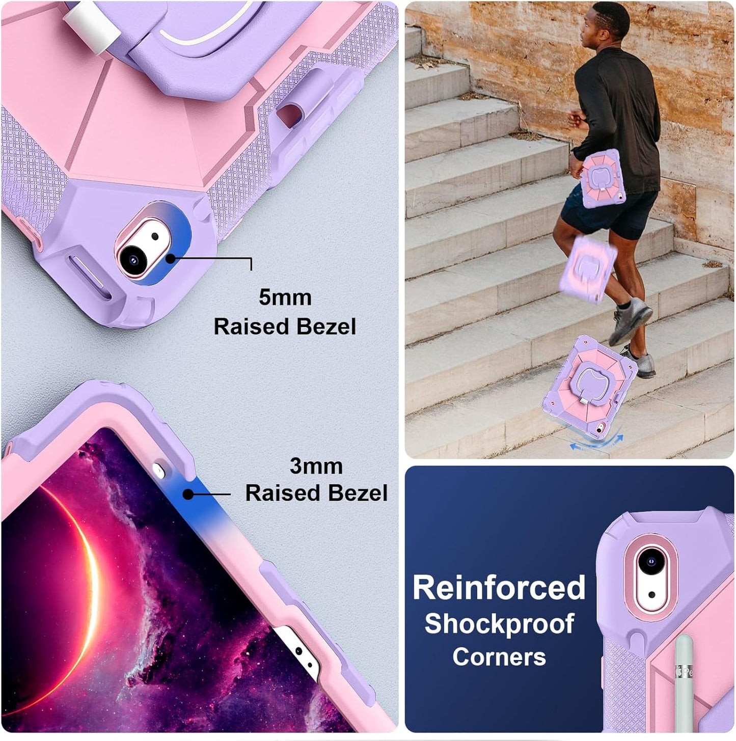 Case for iPad (A16) 11th Generation 11 Inch (2025), iPad 10th Generation Case 10.9 Inch (2022), Shockproof Cover with 360° Rotating Stand Screen Protector Pen Holder Shoulder Strap, Purple Pink