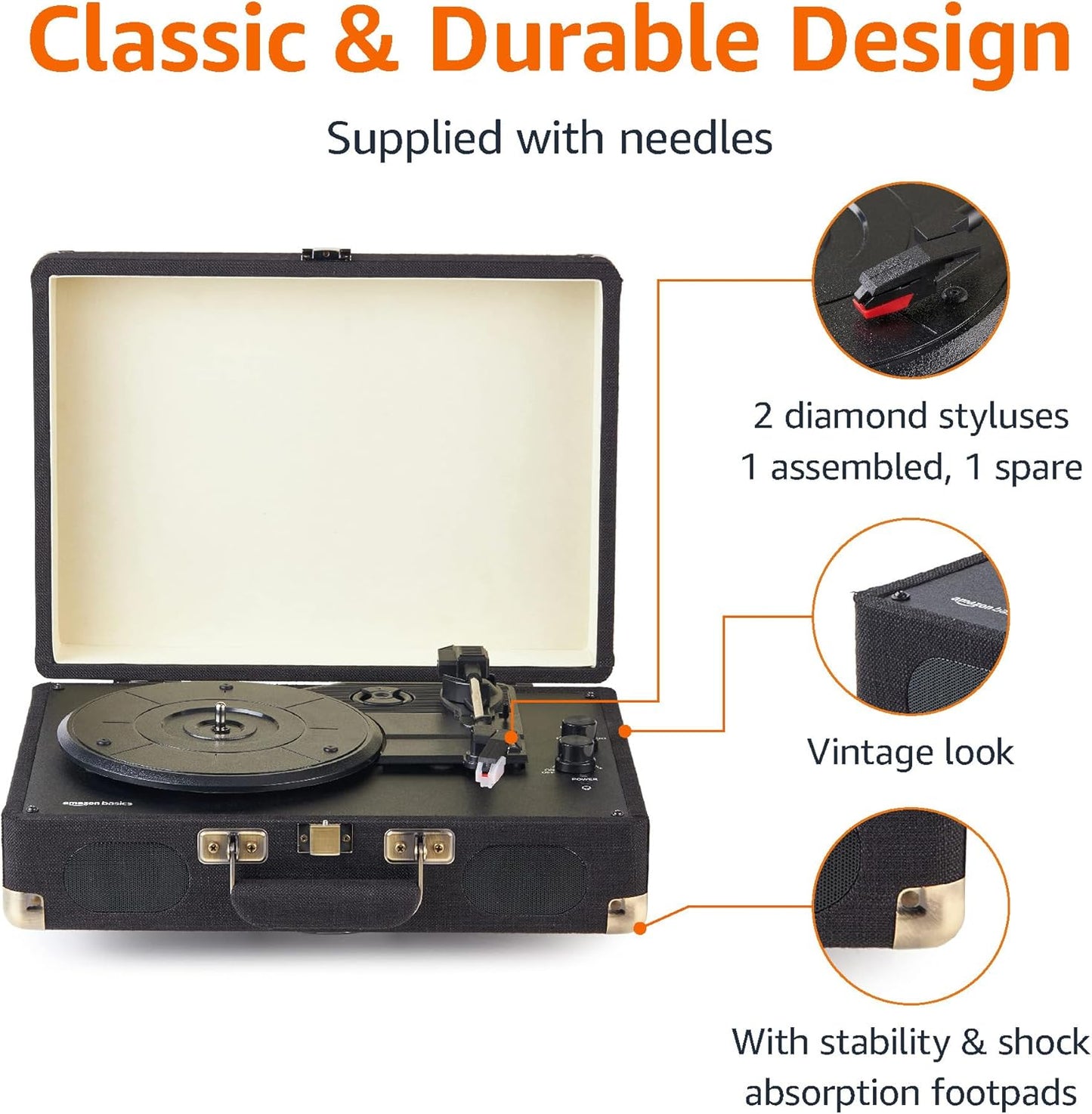 Amazon Basics Portable Suitcase Vinyl Turntable Record Player with Built-in Speakers and Bluetooth, Supports 3-Speed, Black