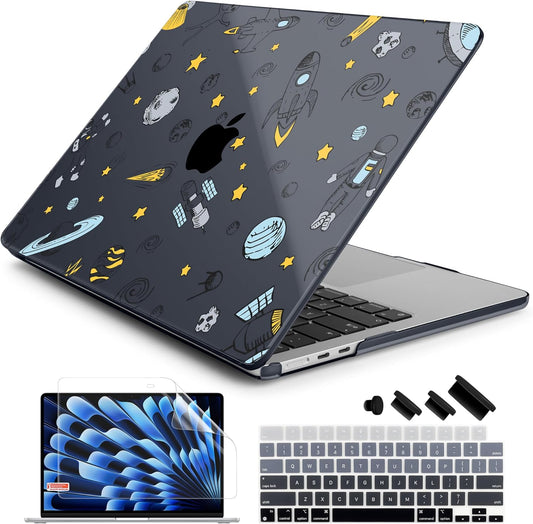 Batianda Premium Case for New MacBook Air 15 inch 2025 2024 2023 with M4 M3 M2 Chip, Designed Protective Plastic Black Hardshell & Keyboard Cover & Screen Protector, Hand Drawn Space