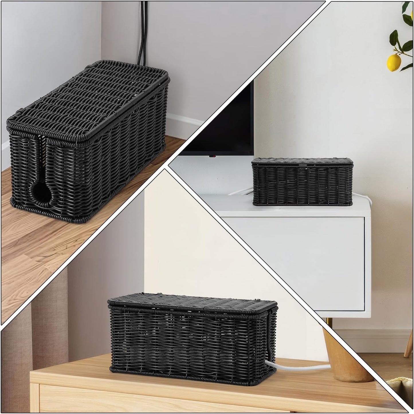 2Pack Large Cable Management Box Black, Handwoven Imitation Rattan Cord Organizer Cord Hider, Desk Cord Management Box to Hide Cords and Power Strips on Desk or Floor
