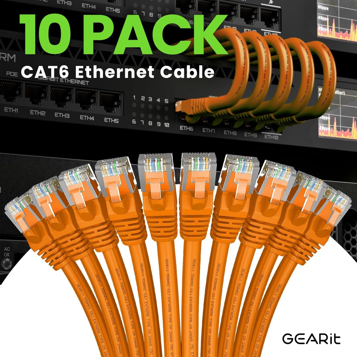 GEARit Cat 6 Ethernet Cable (10-Pack 3 Feet) Cat6 Network Patch, 10Gbps, RJ45, Snagless Cord, Gold-Plated Connectors, Internet for PC, TV, Tablet, Router, Printer, Servers, IT Data Center - Orange