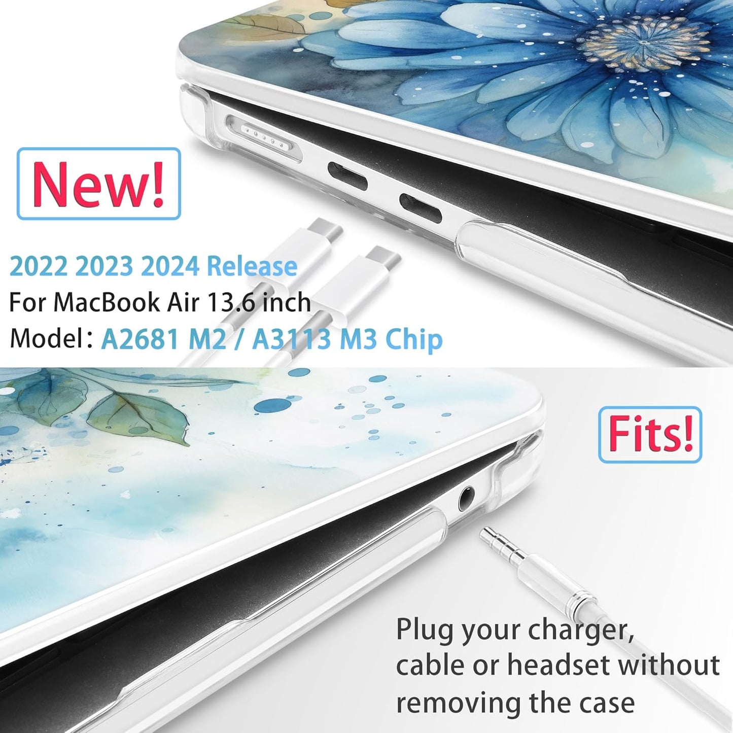 Mektron for 2025 M4 MacBook Air 13.6 Inch A3240 Case Fits 2023 A2681 M2 2024 A3113 M3 Chip with Liquid Retina Display, Printed Plastic Hard Shell Cover for MacBook Air 13.6", Watercolor Blue Flower