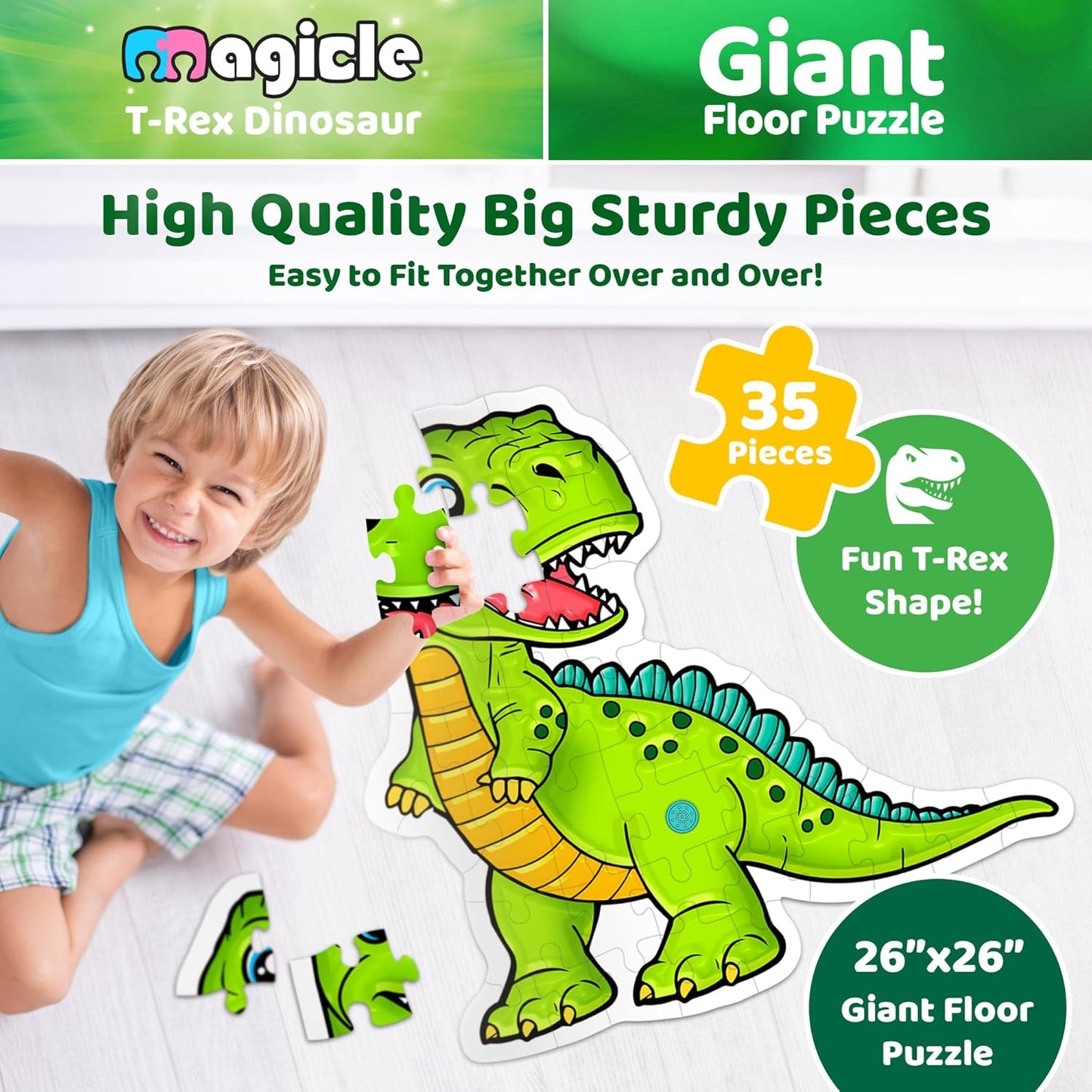 Dinosaur Giant Floor Puzzle with Sounds, 35 Piece Extra Thick Puzzle Toys for Ages 5-7, Puzzles for Kids Ages 4-6, Dinosaur Toys for Kids Ages 3-5, 4-8 Year Old Gift