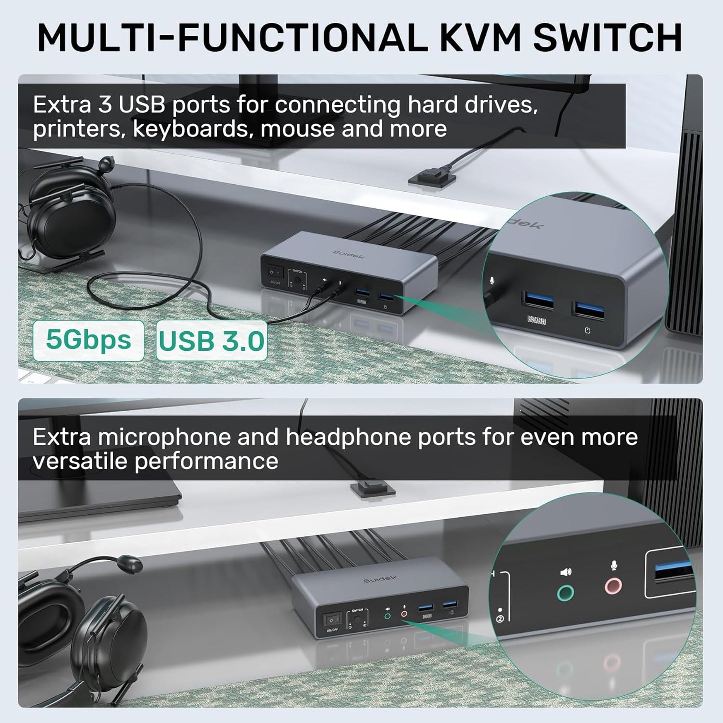 HDMI KVM Switch 2 Monitors 2 Computers, Dual Monitor KVM USB Switcher 4K@60Hz, HDMI Extended/Mirror Display for 2 PC Share 2 Monitors, with 3 USB 3.0 Port, Desktop Controller and 2 USB Cables