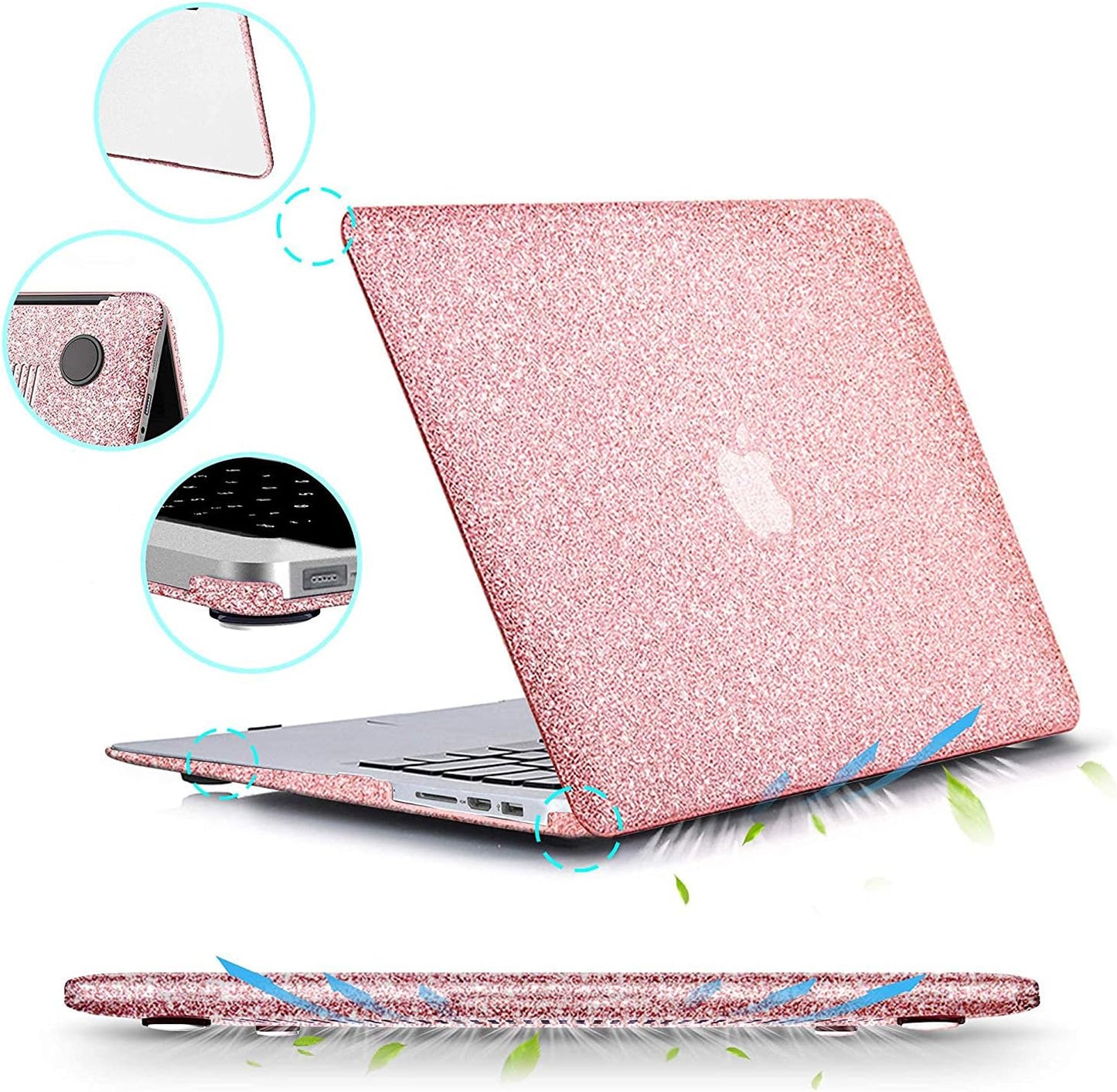 Compatible with MacBook Air 13 inch Case 2021 2020 2019 2018 M1 A2337 A2179 A1932 Touch ID, Glitter Smooth Leather Hard Shell + Keyboard Cover for MacBook Air 13.3 inch Case, Shining Rose Gold