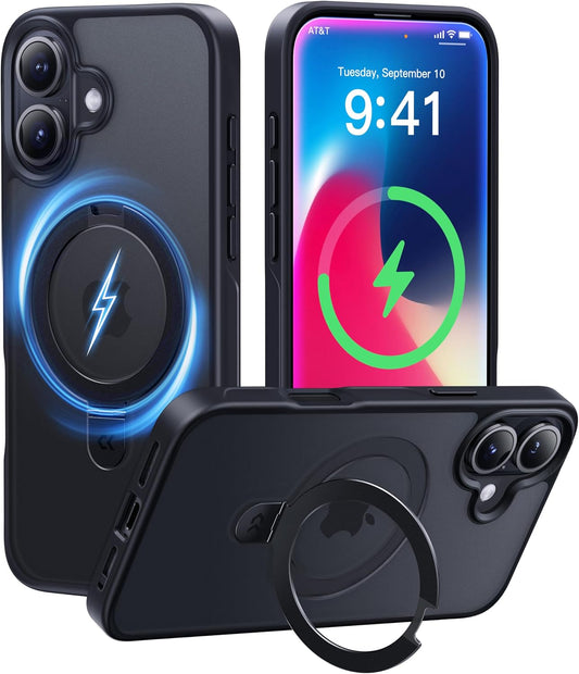 CASEKOO Designed for iPhone 16 Case with Magnetic Invisible Stand [Military Drop Protection] [Compatible with MagSafe] Shockproof Slim Translucent Matte Case 6.1 Inch, Black