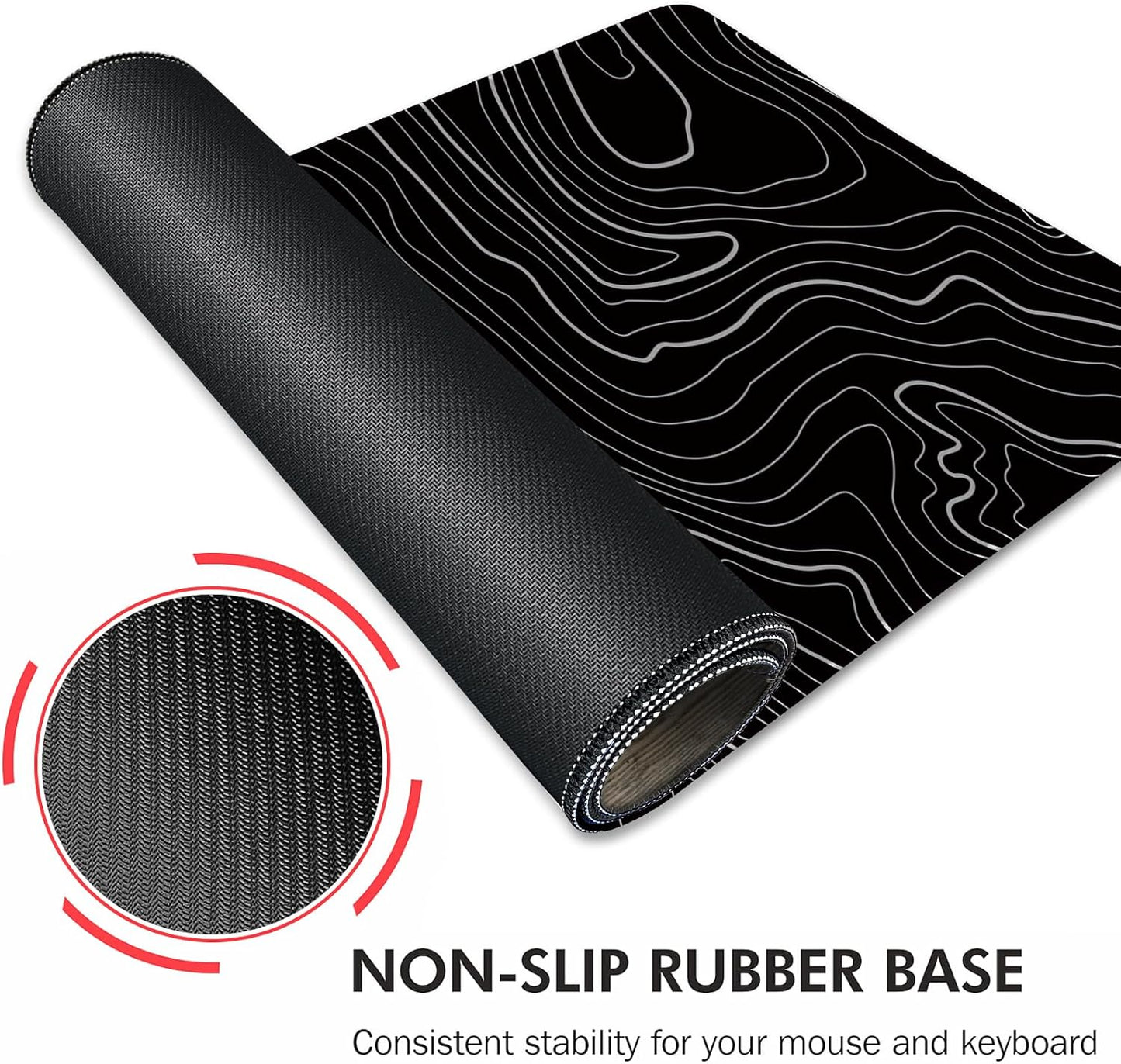 Gaming Mouse Mat Forest Background Pattern XXL XL Large Mouse Mat Long Extended Mouse Pad Desk Mat Non-Slip Rubber Mice Pads Stitched Edges Thin Pad (Topographic Map Balck)