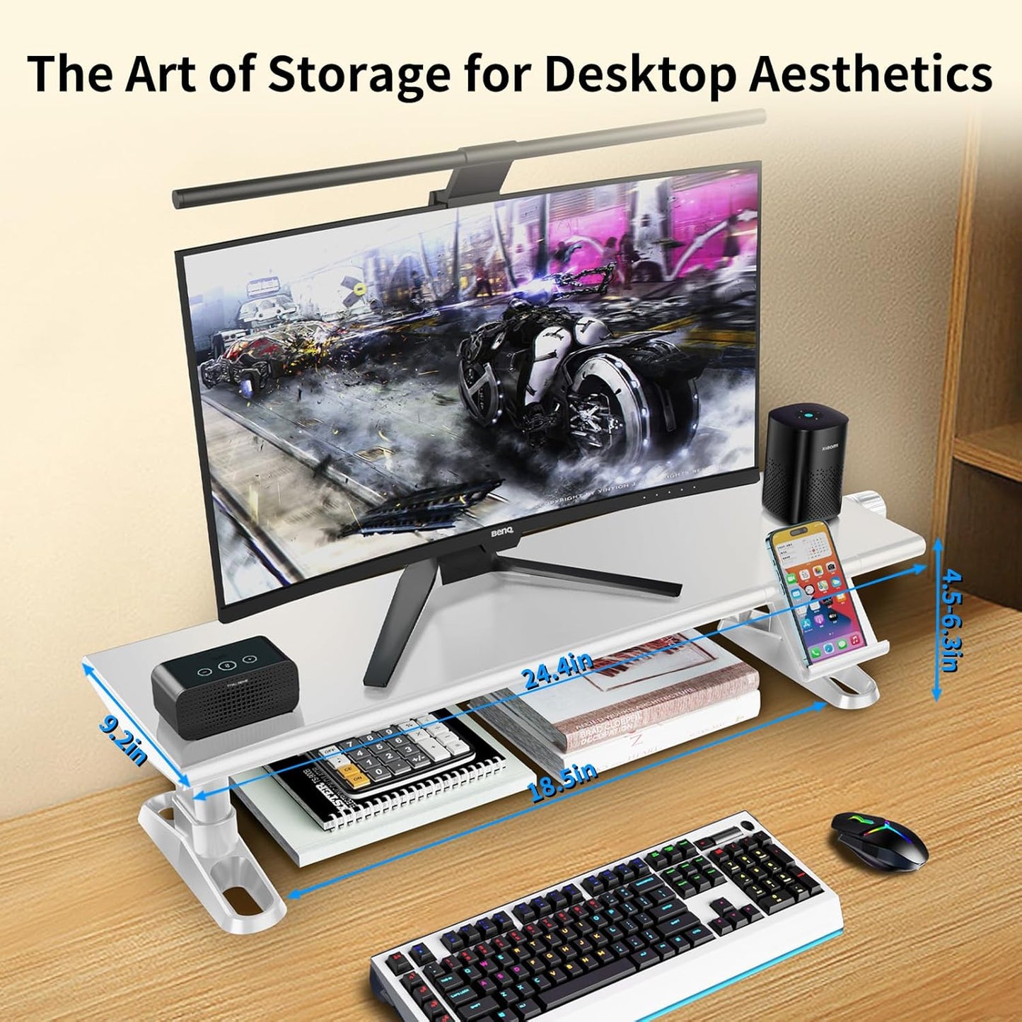 Computer Monitor Stand Riser for Desk,4.5-6.3 Inches Freely Height Adjustable with Cellphone Holder,Multi-Purpose Desktop Organizer Monitor Stands Riser for Computer,Laptop,Printer,TV (White)