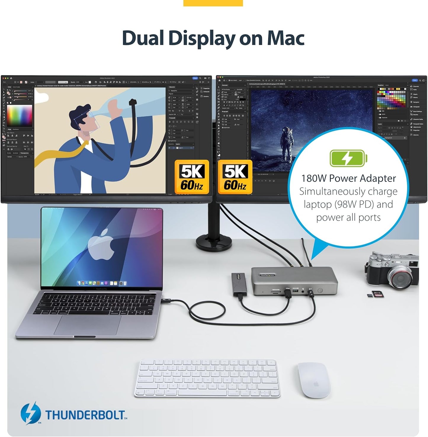 StarTech.com Universal USB4 & Thunderbolt 4 Docking Station, Quad Display on Windows, Dual Display on MacBook, HDMI DP Dock with 98W Laptop Charging