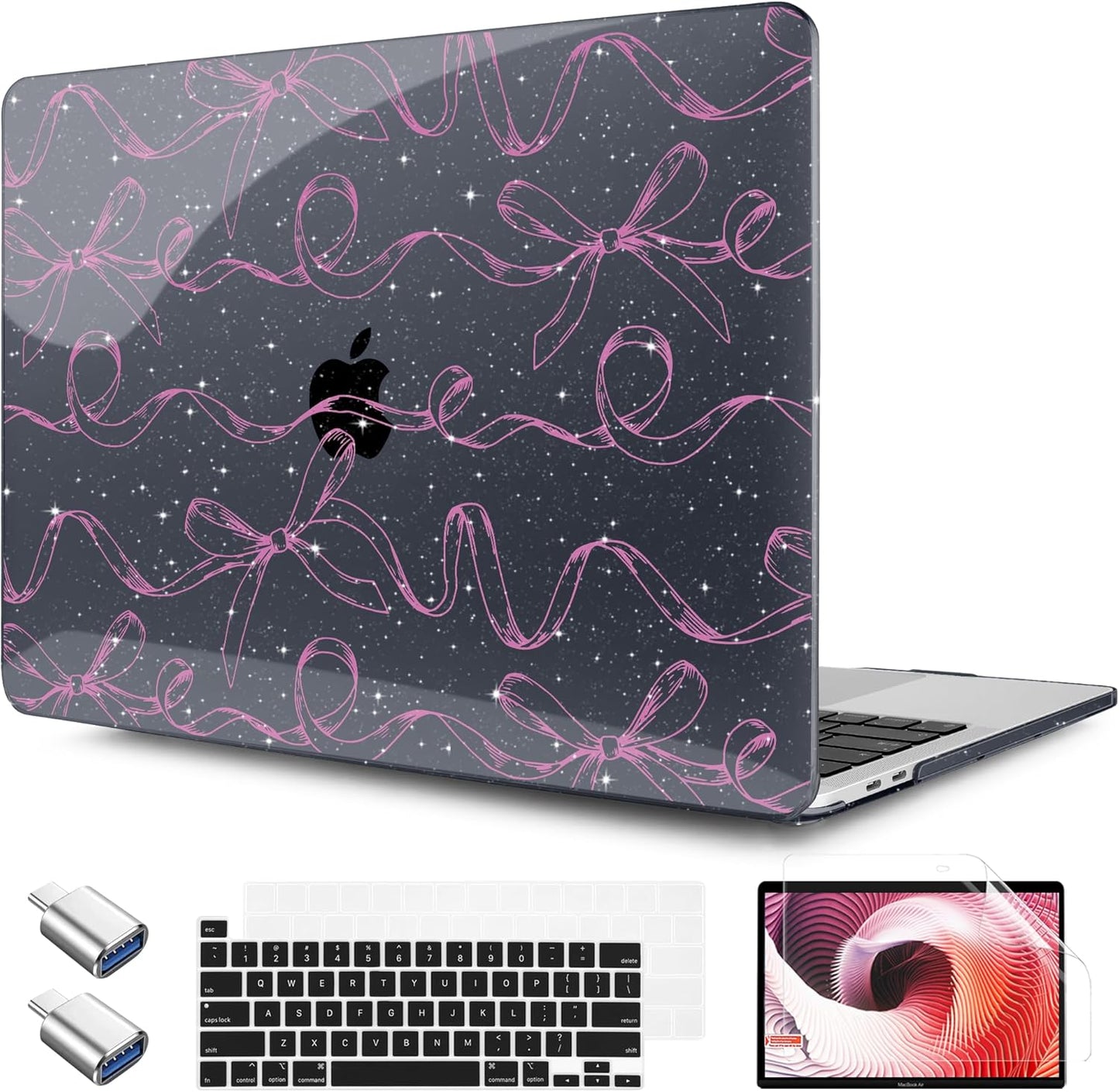TWOLSKOO Compatible with MacBook Pro 13 inch Case 2023-2016 A2338 M2/M1 A2251 A2289 A2159 A1989 A1706, Plastic Hard Shell Cover & Keyboard Skin & Screen Protector, Sparkly Bows