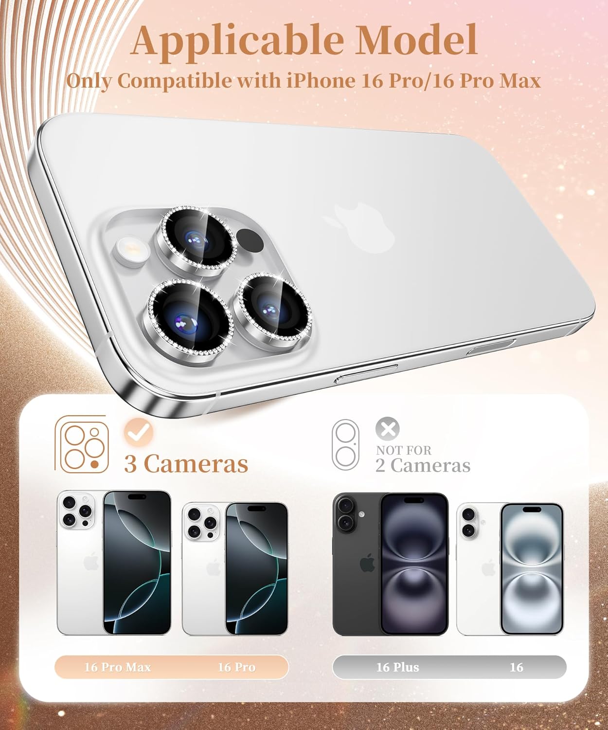 GolbinBox Camera Lens Protector for iPhone 16 Pro Max/16 Pro, 1:1 Invisible Fit, 9H Tempered Glass Ultra HD Metal Individual Camera Cover Screen Protectors for Women, Case Friendly, Bling/Sliver