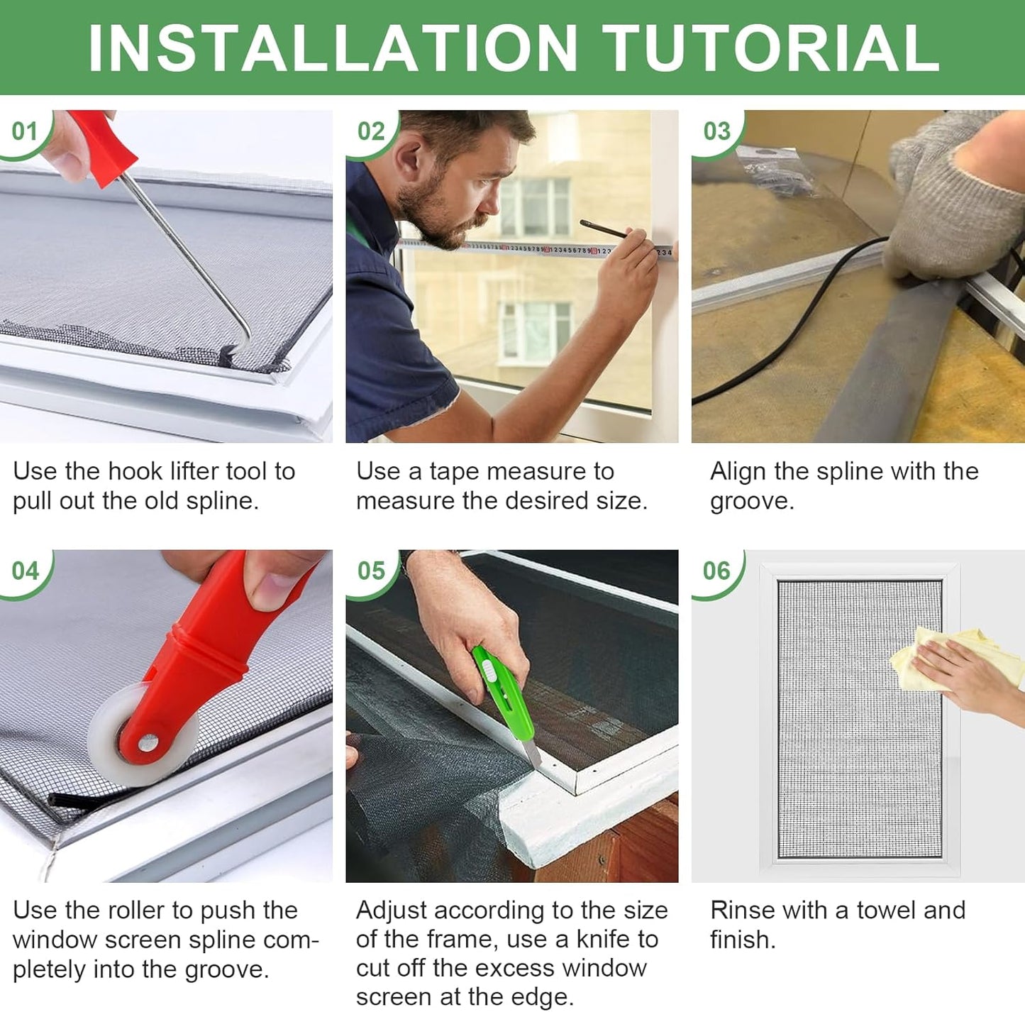 48"X236" Window Screen Replacement Kit, 6 in 1 Window Screen Door Repair Kit, Replacement Window Screens, Fiberglass Patio Screen Mesh for Porch Sliding Door, Rolling Tool Hook Spline Cutter Ruler