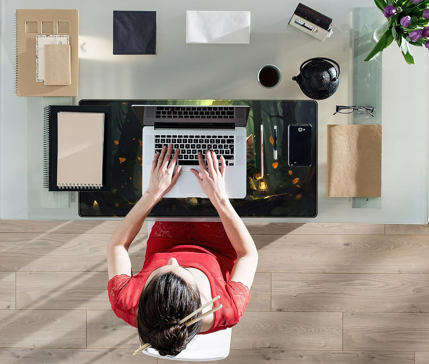 Forest Cats Desk Mat Anime Cat Desk Pad Cute, Kawaii Green Mouse Pad XXL, Large Extended Gaming Mousepad Keyboard Mouse Mat with Stitched Edges, Home Office Decor Pad for Women Girl 31.5x15.75 in