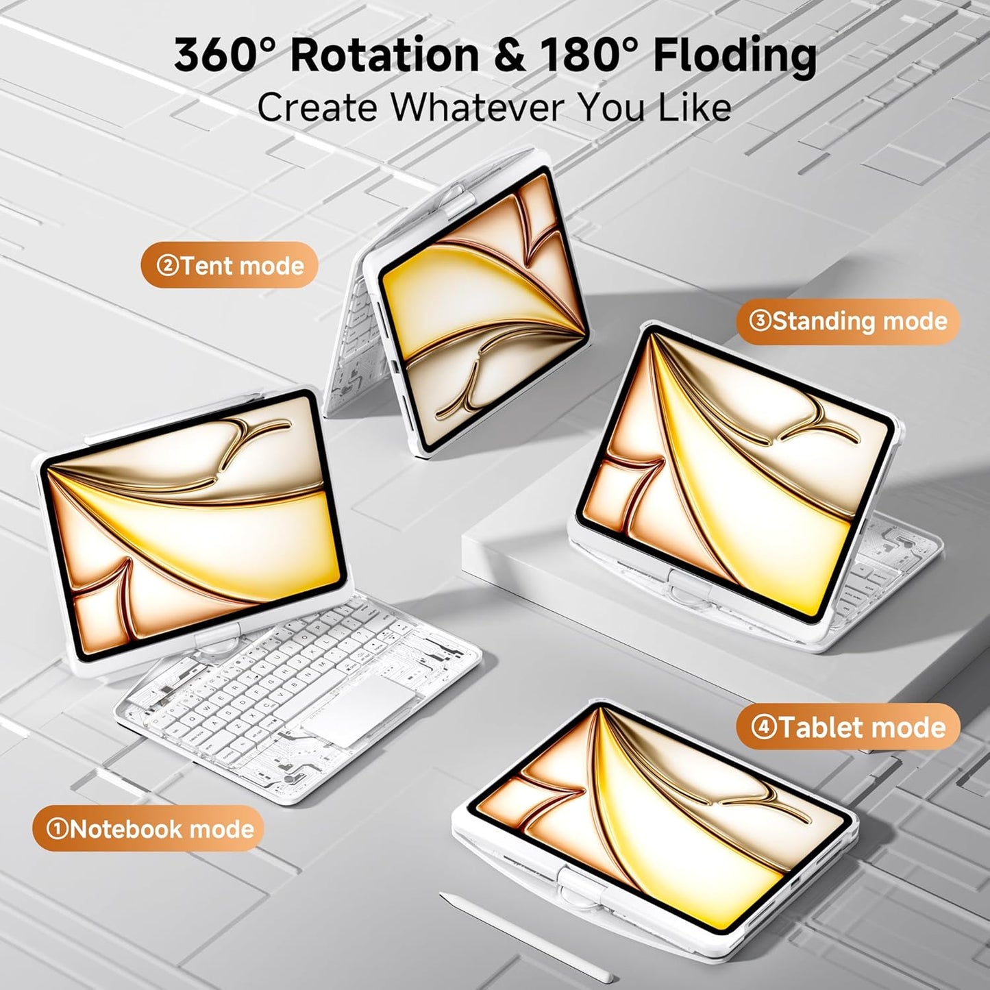 iPad Keyboard Case for 2024 M4 iPad Pro 11 inch, Magic Wireless Keyboard with Trackpad 7 Color Backlit, 360° Rotating Stand Transparent Protective Cover with Pencil Holder (White)