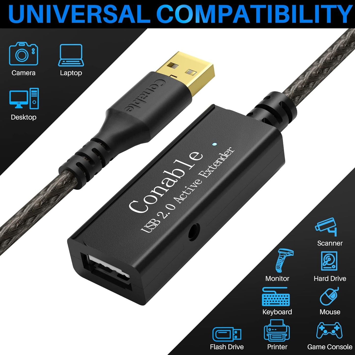 Active USB Extension Cable 100 Feet, USB 2.0 A Male to Female Repeater Cord, with 2 Extension Chipsets Signal Booster, 22AWG Tinned Pure Copper, (AC Power Supply Included)