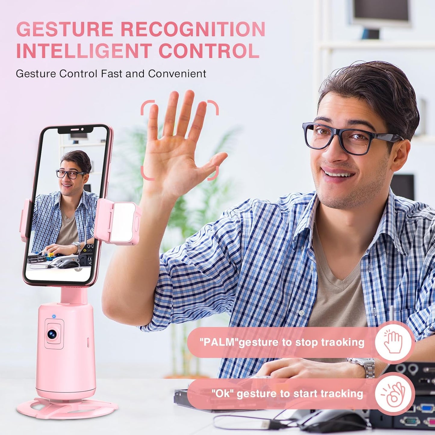 Auto Face Tracking Tripod 360° Rotating Cell Phone Photo and Video Kits Stand, No App, Phone Camera Stand with Remote and Gesture Control for Live Recording Tiktok Pink1