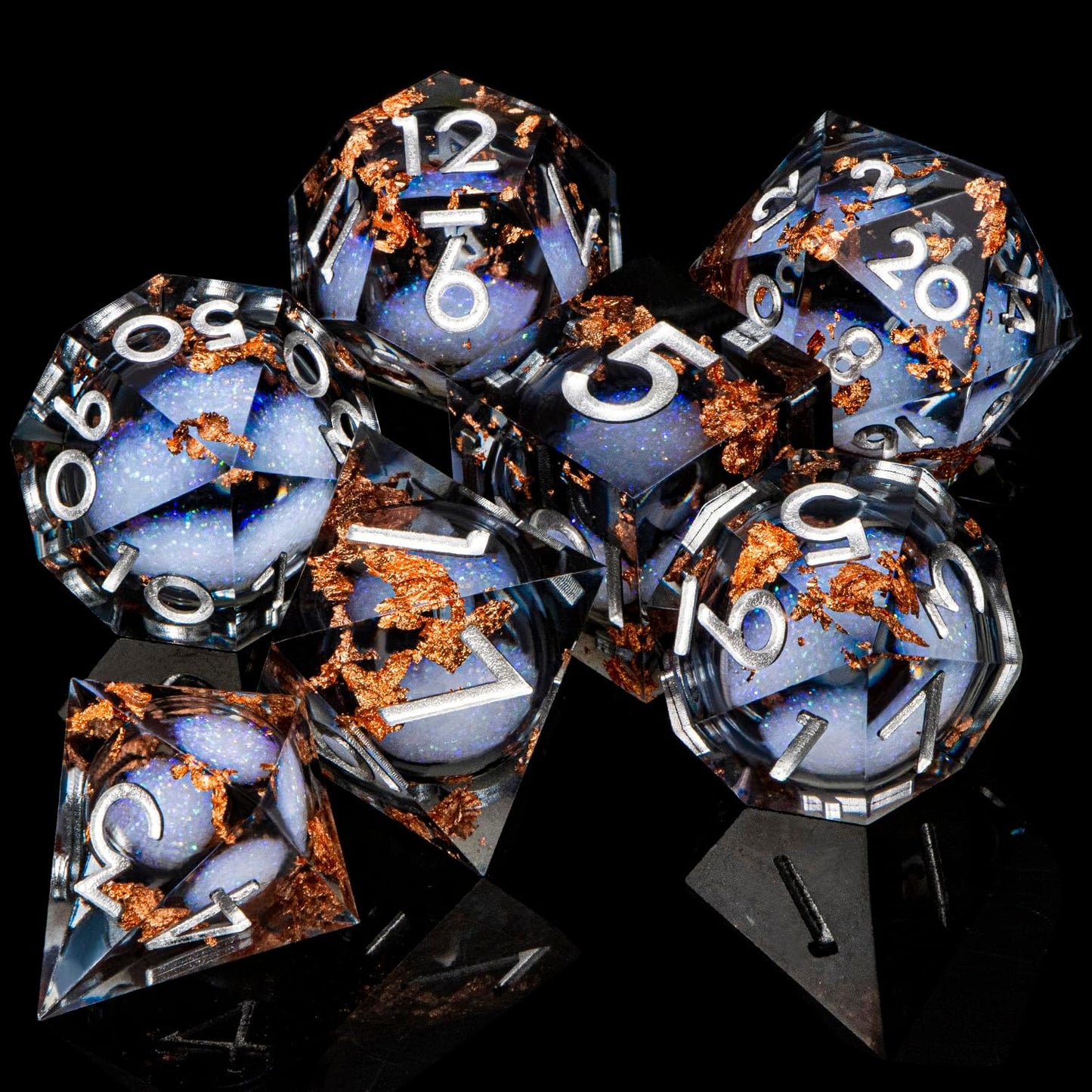 ARUOHHA Liquid Core DND Dice Set, 7pcs Resin Sharp Edged Dragons Dice Role Playing Games, RPG Silver Numbers Black Dungeons Polyhedral Dice with Gift Box D20 D12 D10 D8 D6 D4