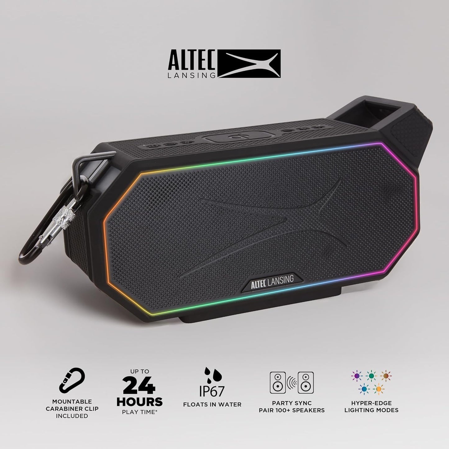 Altec Lansing Portable Bluetooth Speaker HYDRABOOM 2.0, 32W Output Power, 16Hr Playtime, Party Sync, Qi Wireless Charging, Everything-Proof, Voice Assistant Compatible - Black