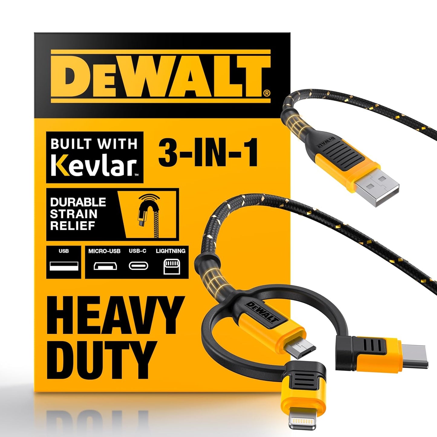 DEWALT Heavy Duty 3 in 1 Multi Charging Cord, 6ft Fast Charger Cord, Multi Charger Adapter with Lightning/Type C/Micro USB Port for iPhones/Samsung Galaxy/PS/Tablets/More