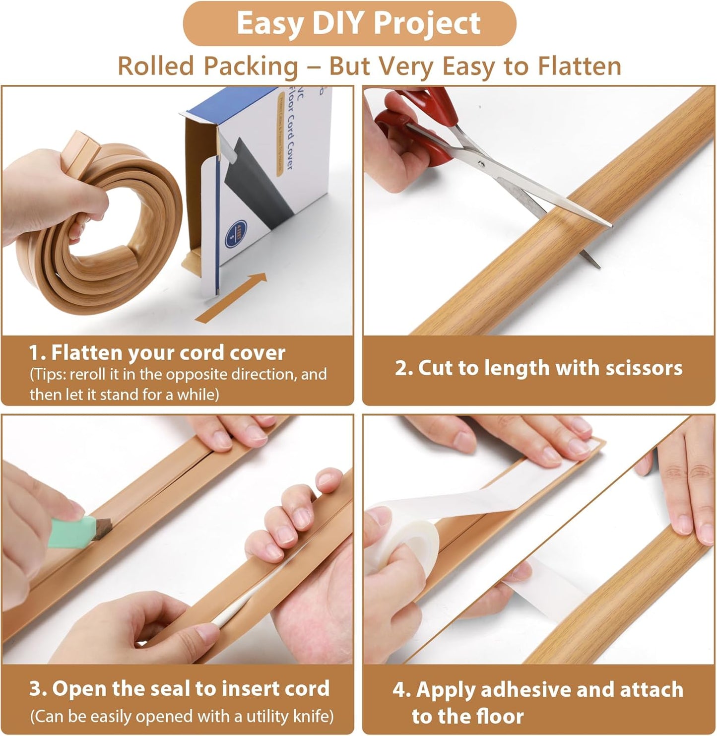 Floor Cord Cover 10ft, Cord Hider Floor Yellow Oak Wood, Floor Cable Management Prevent Cable Trips, Floor Cable Cover Wire Covers for Power Cords, Cord Protector Cord Cavity W0.47in H0.28in