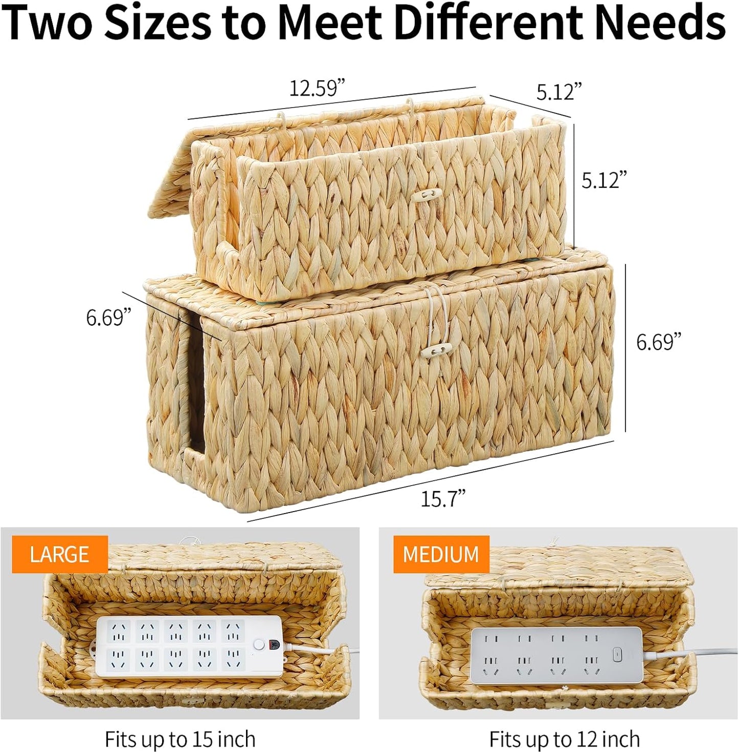 Cable Management Box,Hand-Woven Water Hyacinth Decorative Cord Organizer,2 Side Open Slots Wicker Cable Box to Hide Cords and Power Strip,for Desk, Floor, Office,2 Pack