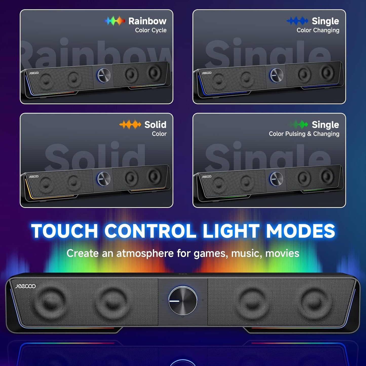 Jeecoo A40 Bluetooth Computer Speakers with Clear Sound, USB Plug & Play PC Speakers with LED Light, Computer Sound Bar with Switch Button for Desktop Laptop Monitor (USB-C Adapter Included)