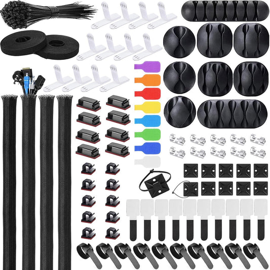 193 PCS Cable Management Kit - 4 Cable Sleeve, 57 Self Adhesive Cable Clips, 12 Hanging Strips, 12 Cable Organizer Straps and 100 Fastening Cable Ties for TV Computer Under Desk (Black)