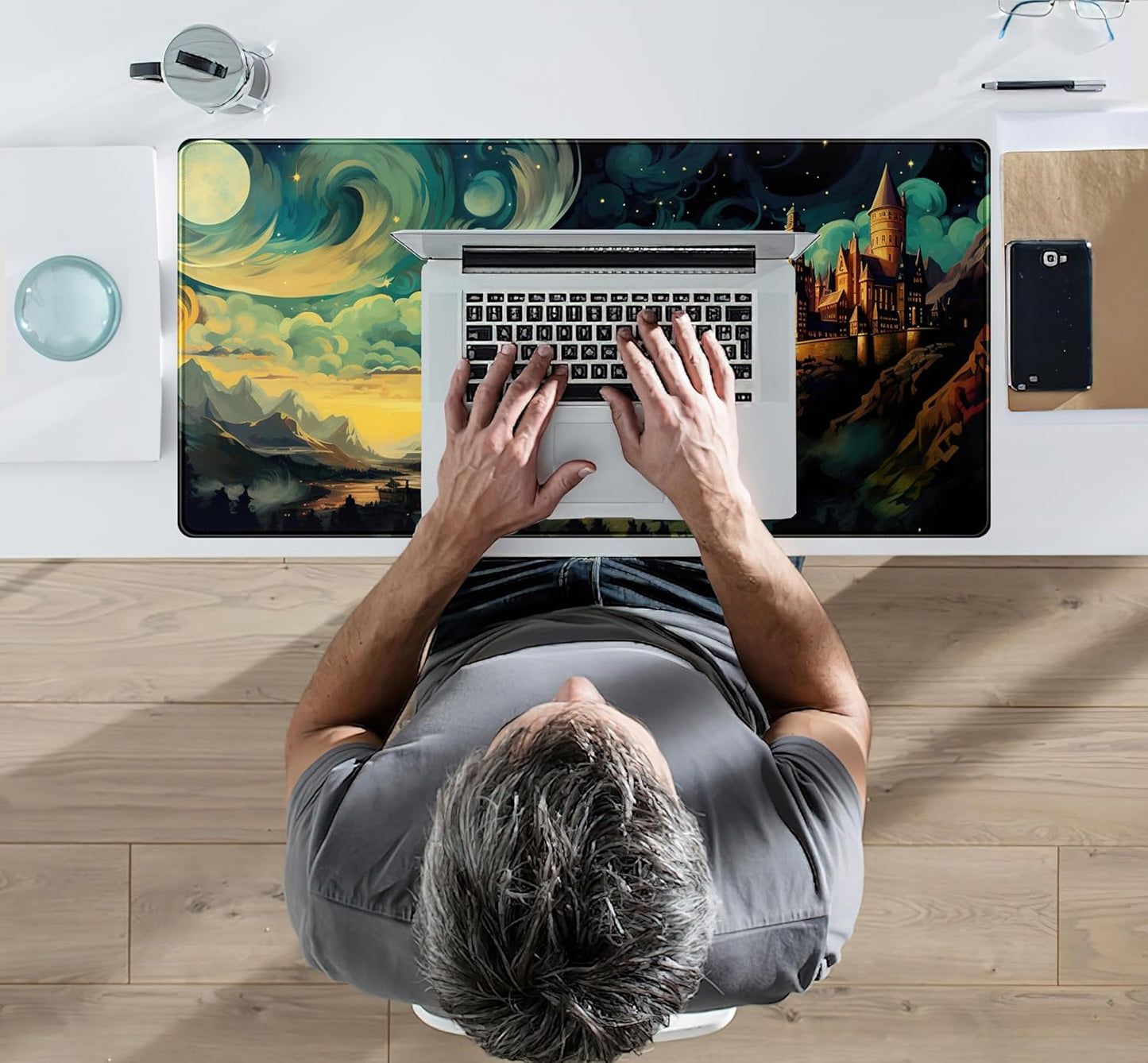 Cool Aesthetic Castle Mouse Pad Desk Pad Cute Cloudy and Starry Desk Mat, Office Desk Decor Anime Mousepad Laptop Keyboard and Mouse Mat, XXL Large Extended Gaming Deskmat for Girl 31.5x15.75 in