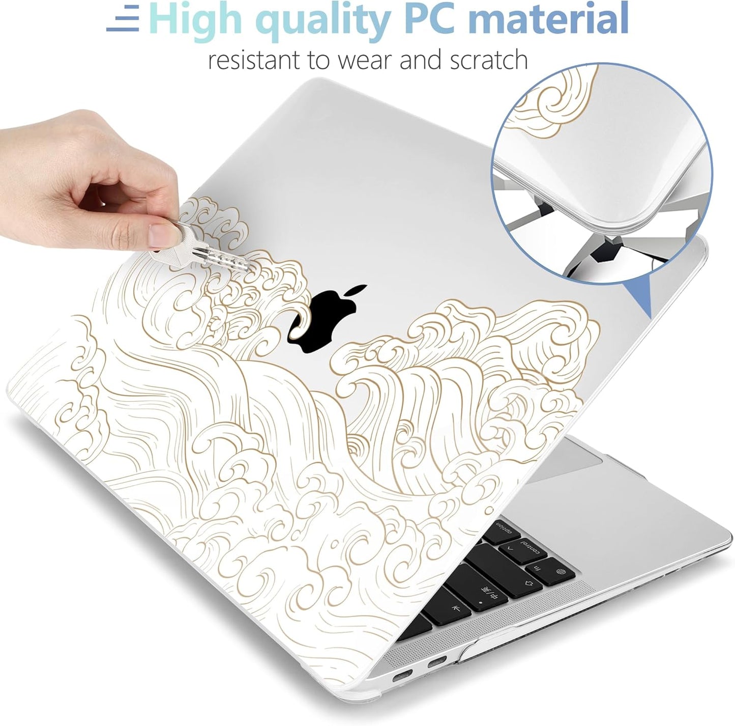 MEEgoodo for MacBook Air 13.3 inch Case 2021 2020 2019 2018 A2337 M1 A2179 A1932, Laptop Shell with Keyboard Webcam Cover & Trackpad Film & Type C Adapter for MacBook Air M1, Hand Drawn Wave