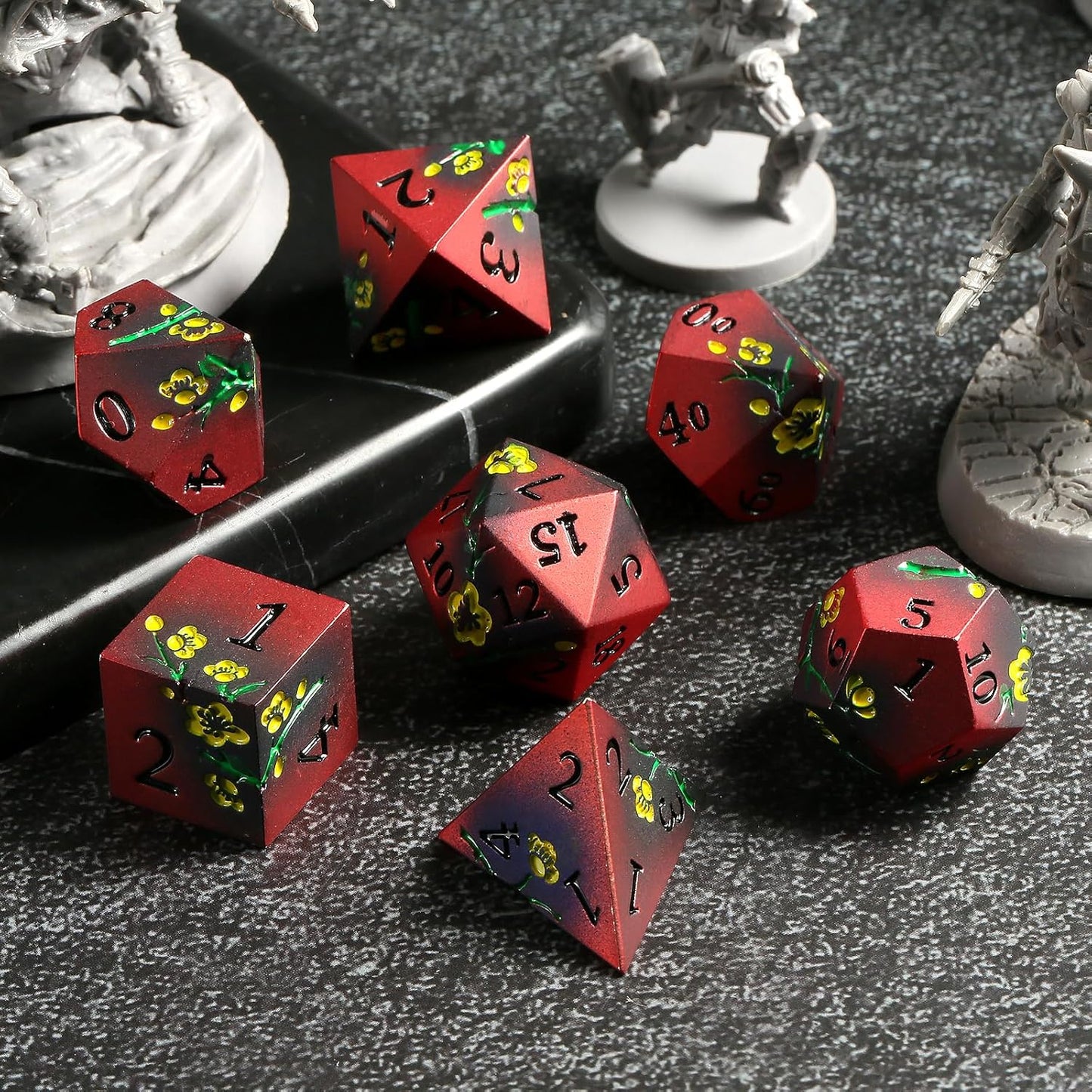 DNDND Metal Dice, 7 PCS Metallic Flowers D&D Dice with Gorgeous Gift Case for D&D Dungeons and Dragon Tabletop Game (Red and Yellow)