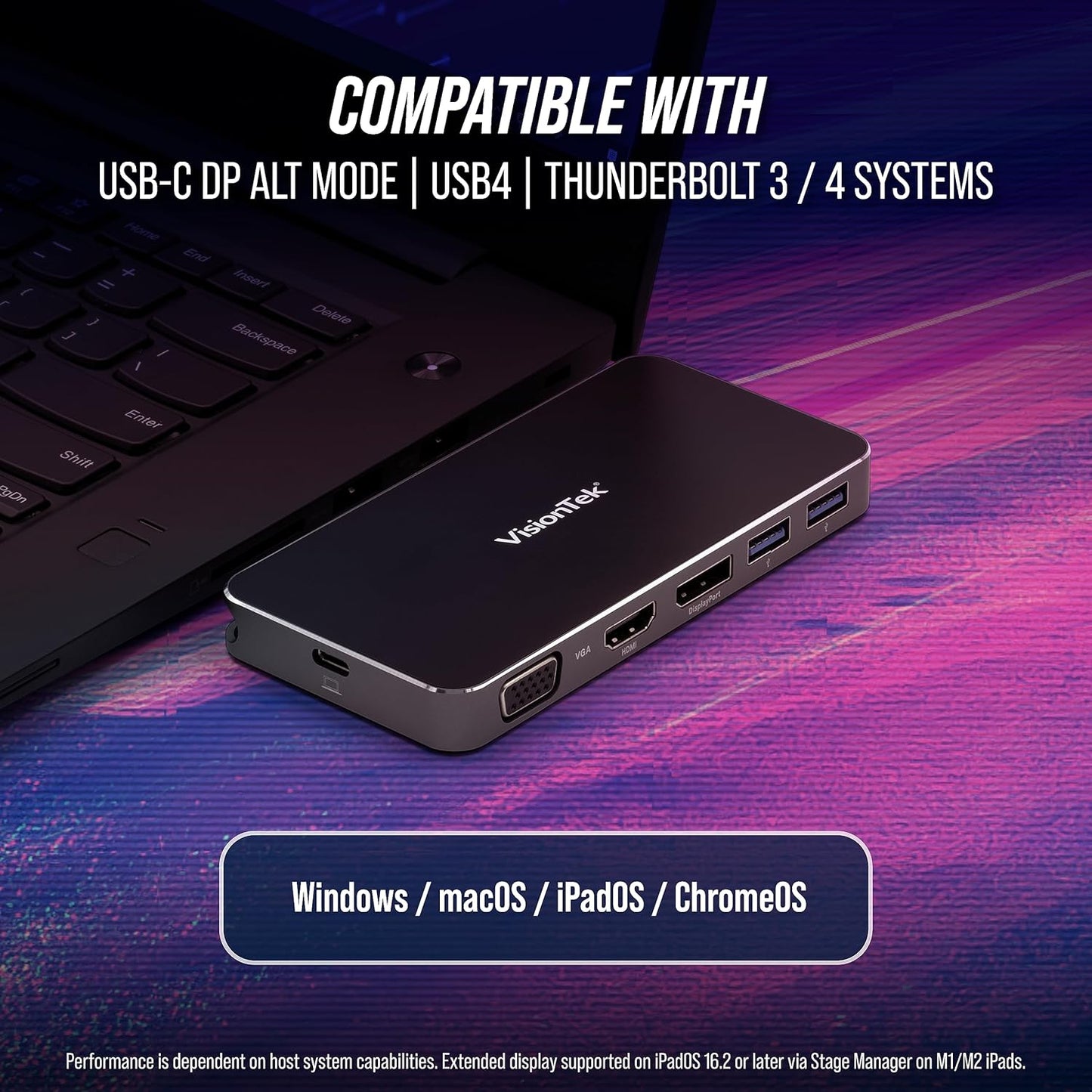 VisionTek VT200 Portable USB-C Dual Monitor Hub - 1x DP, 1x HDMI, 1x VGA, 2X USB-A Ports, 1x USB-C for Windows/MacOS/ChromeOS/iOS