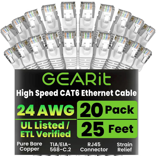 GEARit Cat 6 Ethernet Cable (20-Pack 25 Feet) Cat6 Network Patch, 10Gbps, RJ45, Snagless Cord, Gold-Plated Connectors, Internet for PC, TV, Tablet, Router, Printer, Servers, IT Data Center - White