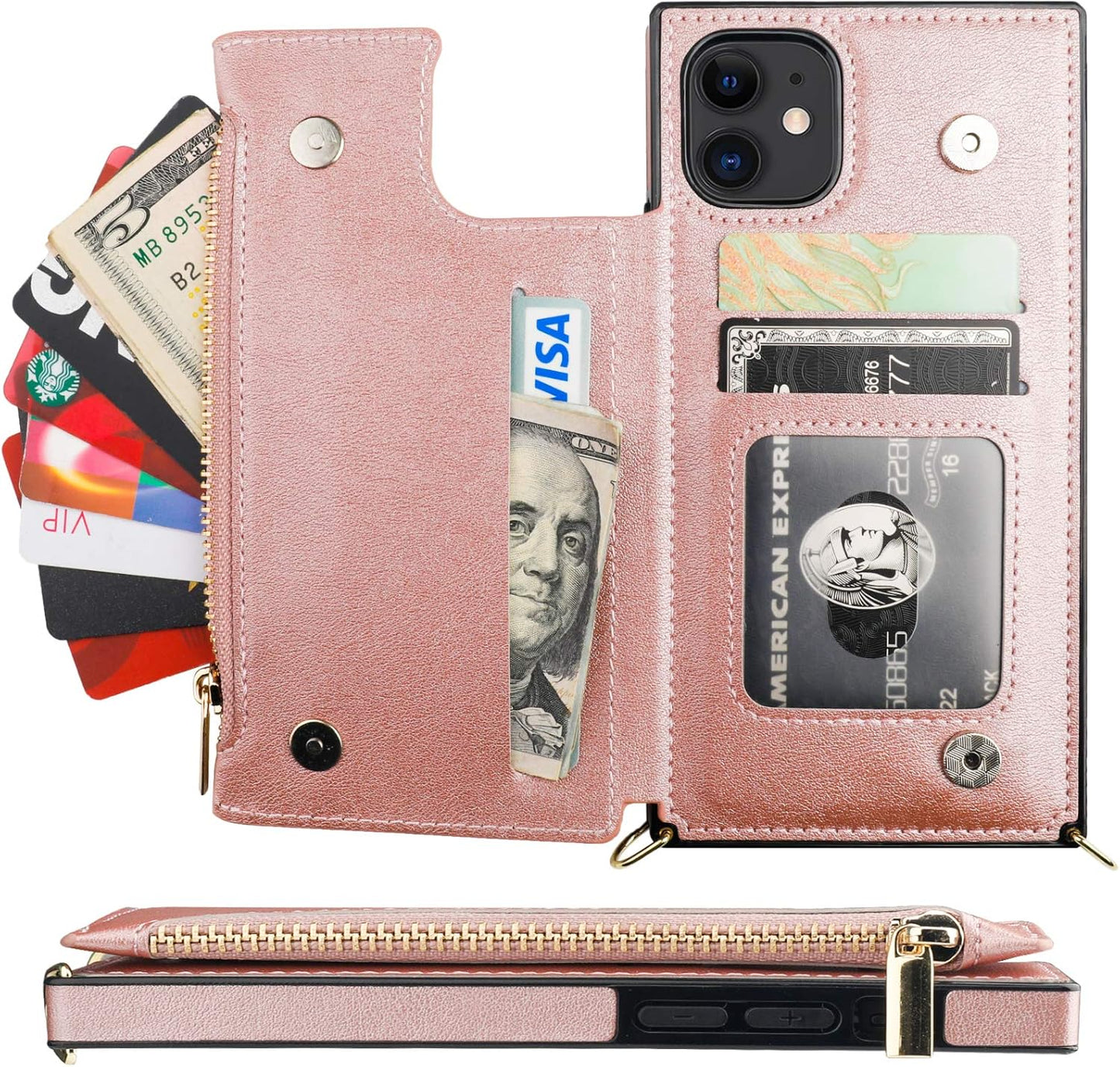 Bocasal Crossbody Wallet Case for iPhone 11 with Card Holder,Zipper Card Slot Protector Shockproof Purse Cover with Removable Cross Body Strap 6.1 Inch(Rose Gold)