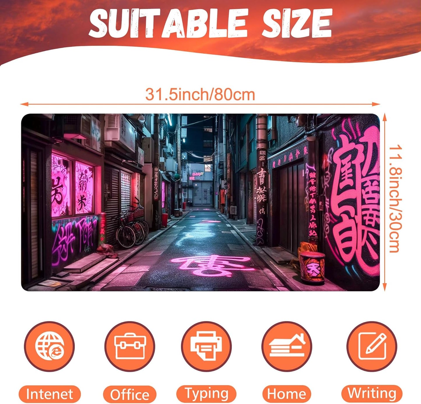 Desk Pad, Anime City Street Scene Desk Mat, Pink Neon Street Large Gaming Mouse Pad for Desk, 31.5"x15.7" Extended Big Computer Keyboard Mouse Pad with Non-Slip Base and Stitched Edge