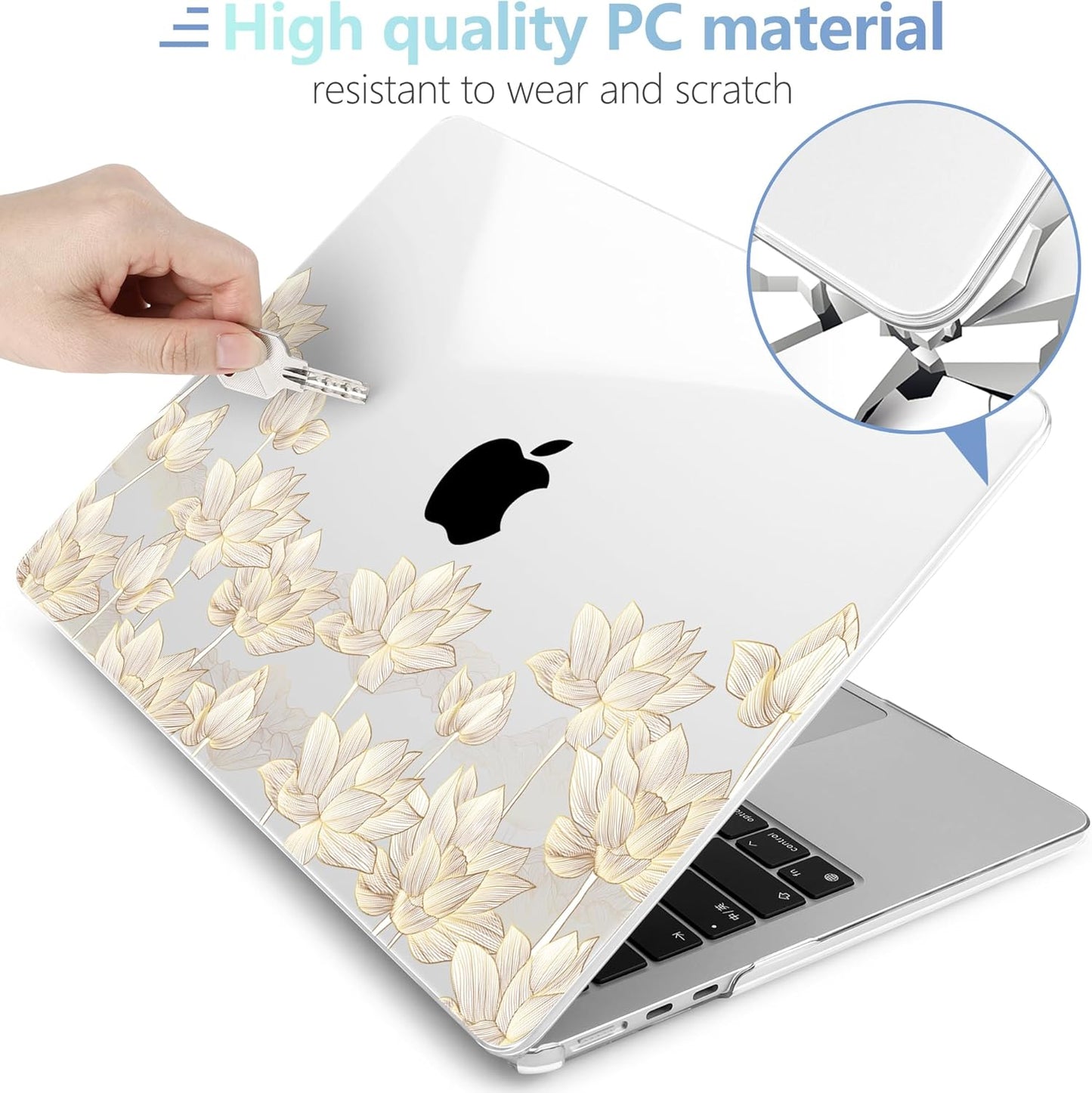 MEEgoodo for M4/M3/M2 MacBook Air 15.3 inch Case 2025 2024 2023, Case Fit Model (A3241/A3114/A2941) for MacBook Air 15 inch, Laptop Hard Shell with Keyboard Cover, Golden Lotus