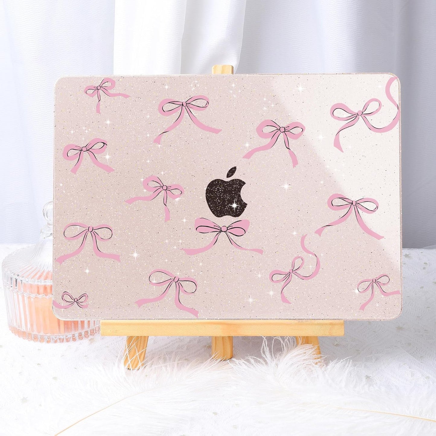 May Chen for MacBook Air 13.6 inch Case A3240 M4 A3113 M3 A2681 M2 with Retina Dispaly, 2025 2024 2023 2022 Release, Plastic Hard Shell Case with Keyboard Cover, Sakura Pink Glitter Bow