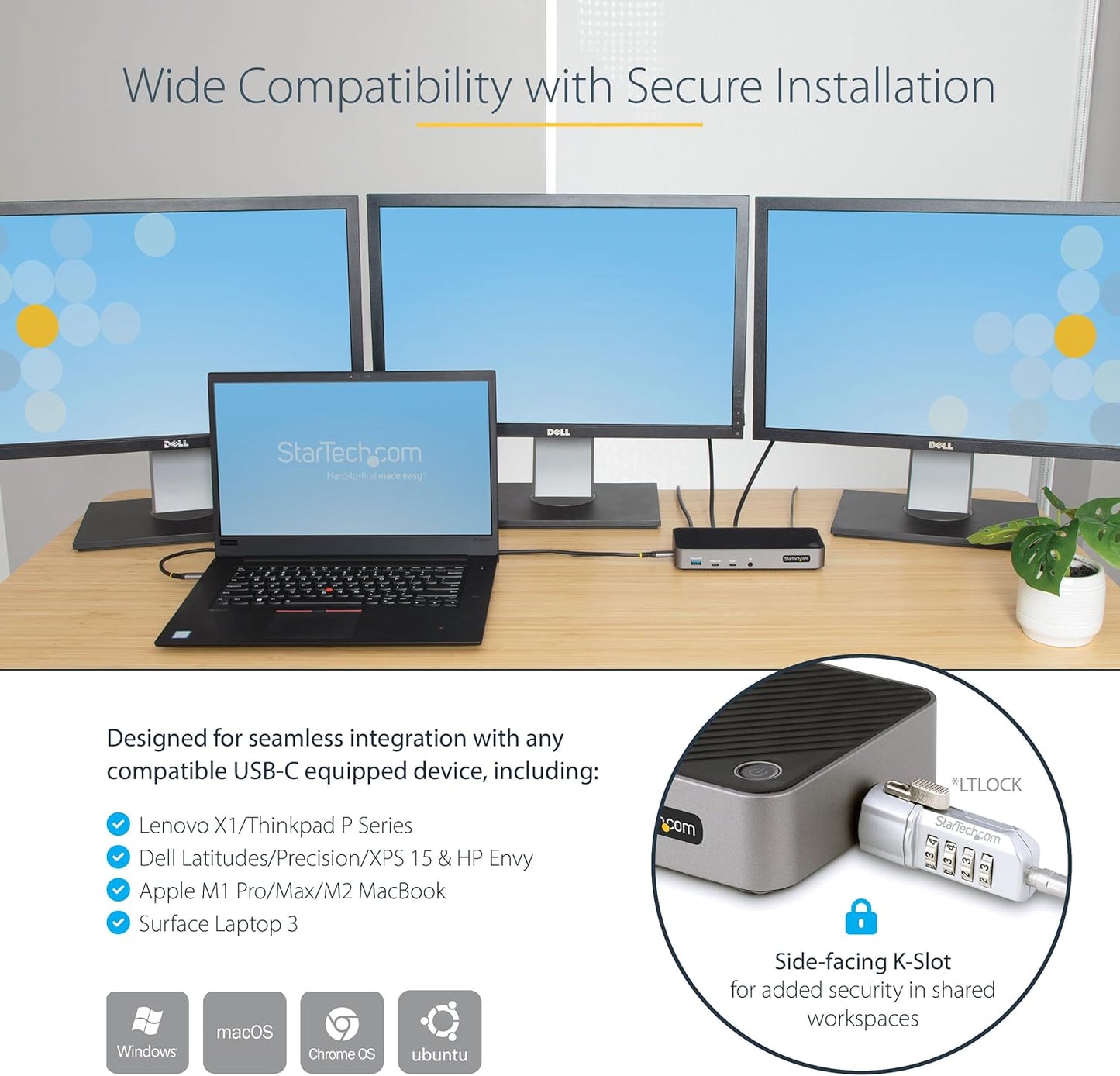 StarTech.com USB-C Triple Monitor Docking Station for MacBook Pro / Air M1 M2 M3 M4 & Windows, Universal 4K HDMI DP Dock, Thunderbolt Compatible, 100W Laptop Charging (116N-USBC-DOCK)