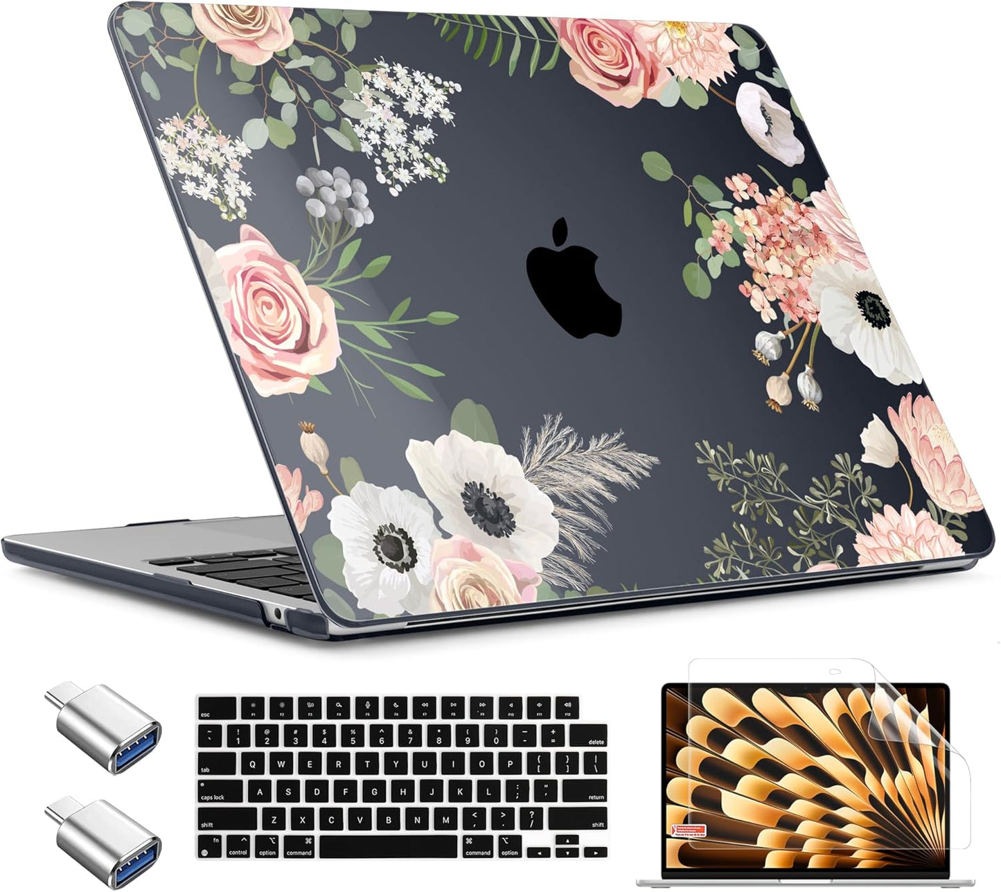 TWOLSKOO Compatible with M4 MacBook Air 15 inch Case 2025-2023 Released Model M4 A3241 M3 A3114 M2 A2941, Plastic Hard Shell & Screen Protector & Keyboard Cover & Type C Adapter, Rose Flower